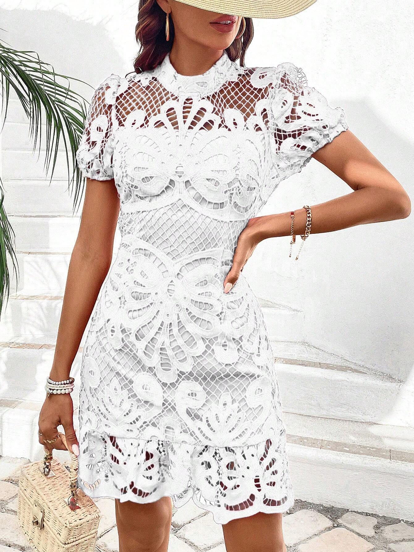 Breezaya Women Summer Solid Color Stand Collar Lace Short Puff Sleeve Elegant Bodycon Dress Vacation Beach - image 13
