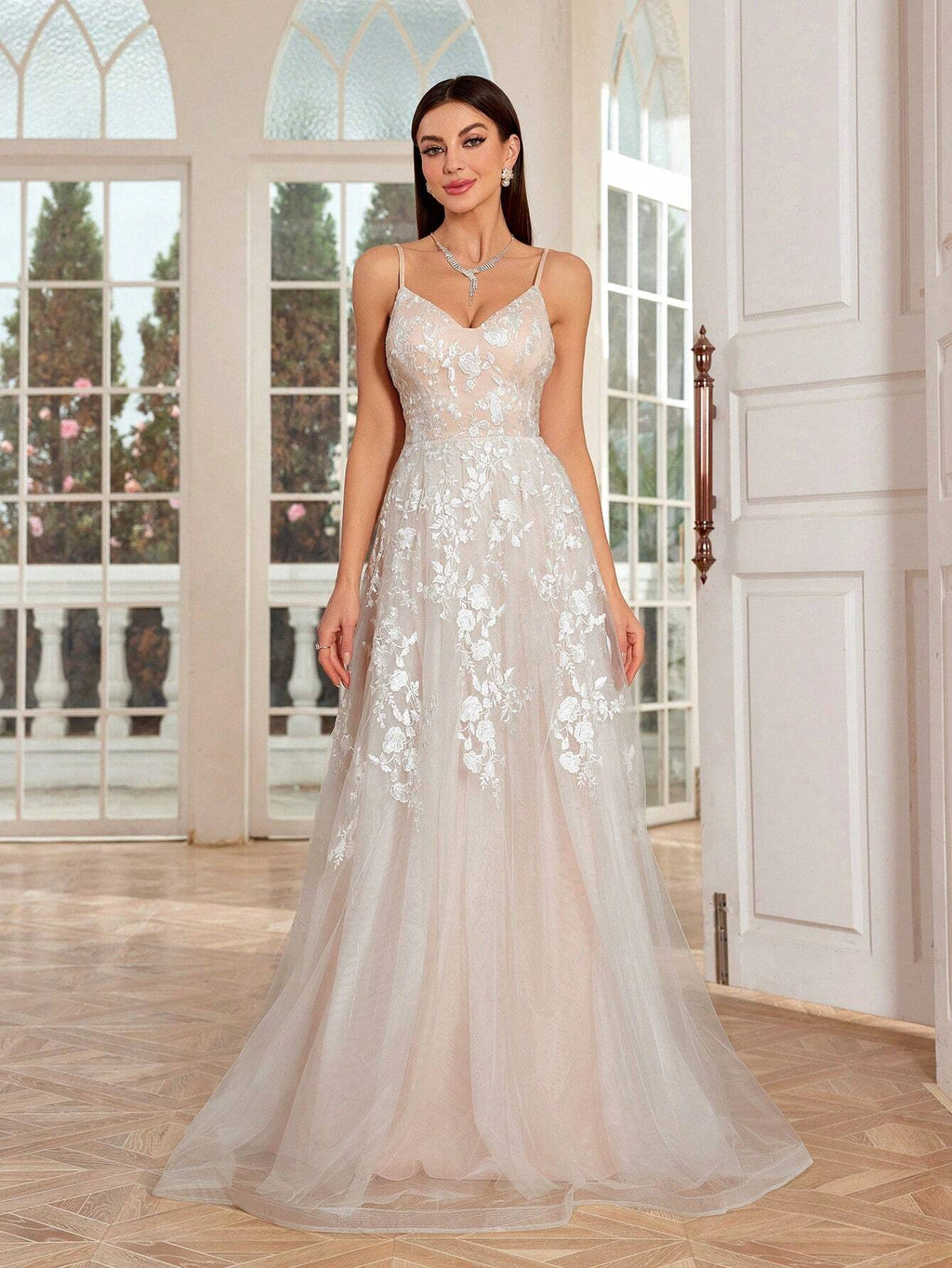 Mgiacy Women's White Elegant Floral Lace Spaghetti Strap V-Neck A-Line Tulle Maxi Dress, Suitable For Summer - image 3