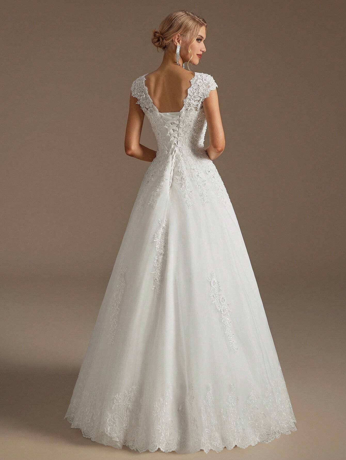 Elegant V-Neck A-Line Applique Handmade Beaded Wedding Dress For Bride Spring - image 2