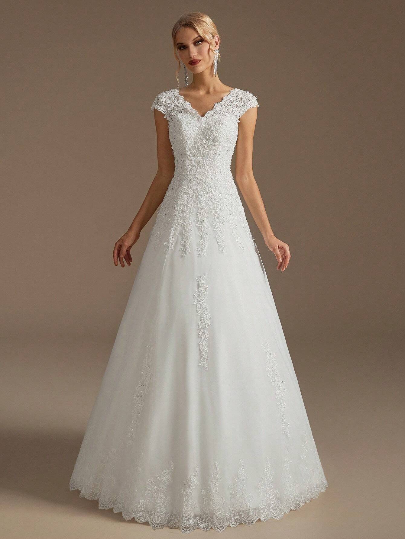 Elegant V-Neck A-Line Applique Handmade Beaded Wedding Dress For Bride Spring - image 5
