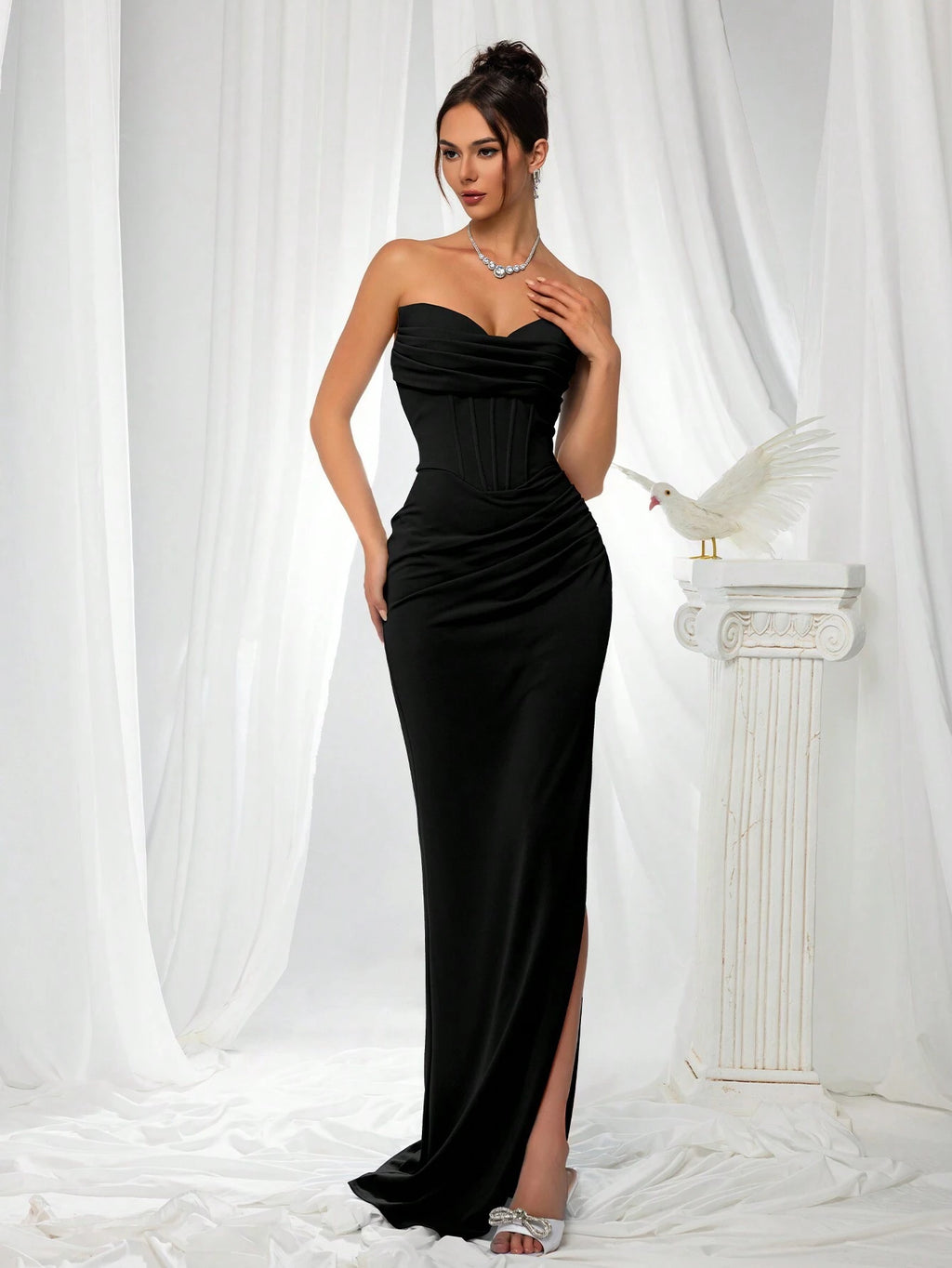 VIPGIRL Elegant Bridesmaid Dress: Strapless Fitted Satin Dress, Paired With Waist-Cinching Top And Draped - image 2