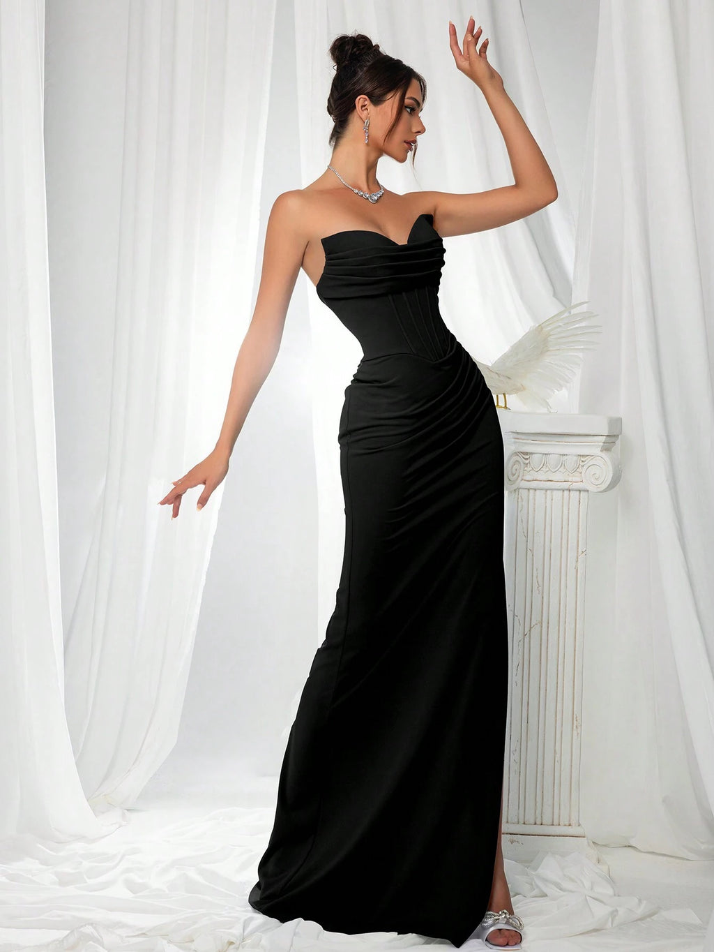 VIPGIRL Elegant Bridesmaid Dress: Strapless Fitted Satin Dress, Paired With Waist-Cinching Top And Draped