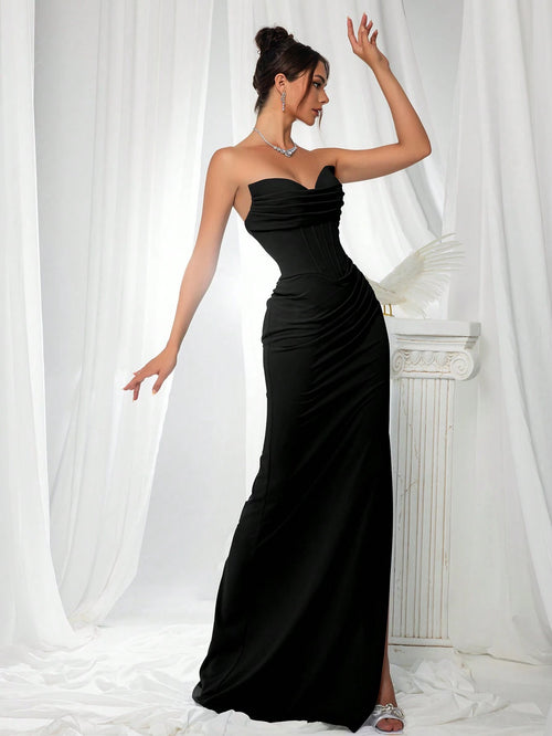 VIPGIRL Elegant Bridesmaid Dress: Strapless Fitted Satin Dress, Paired With Waist-Cinching Top And Draped