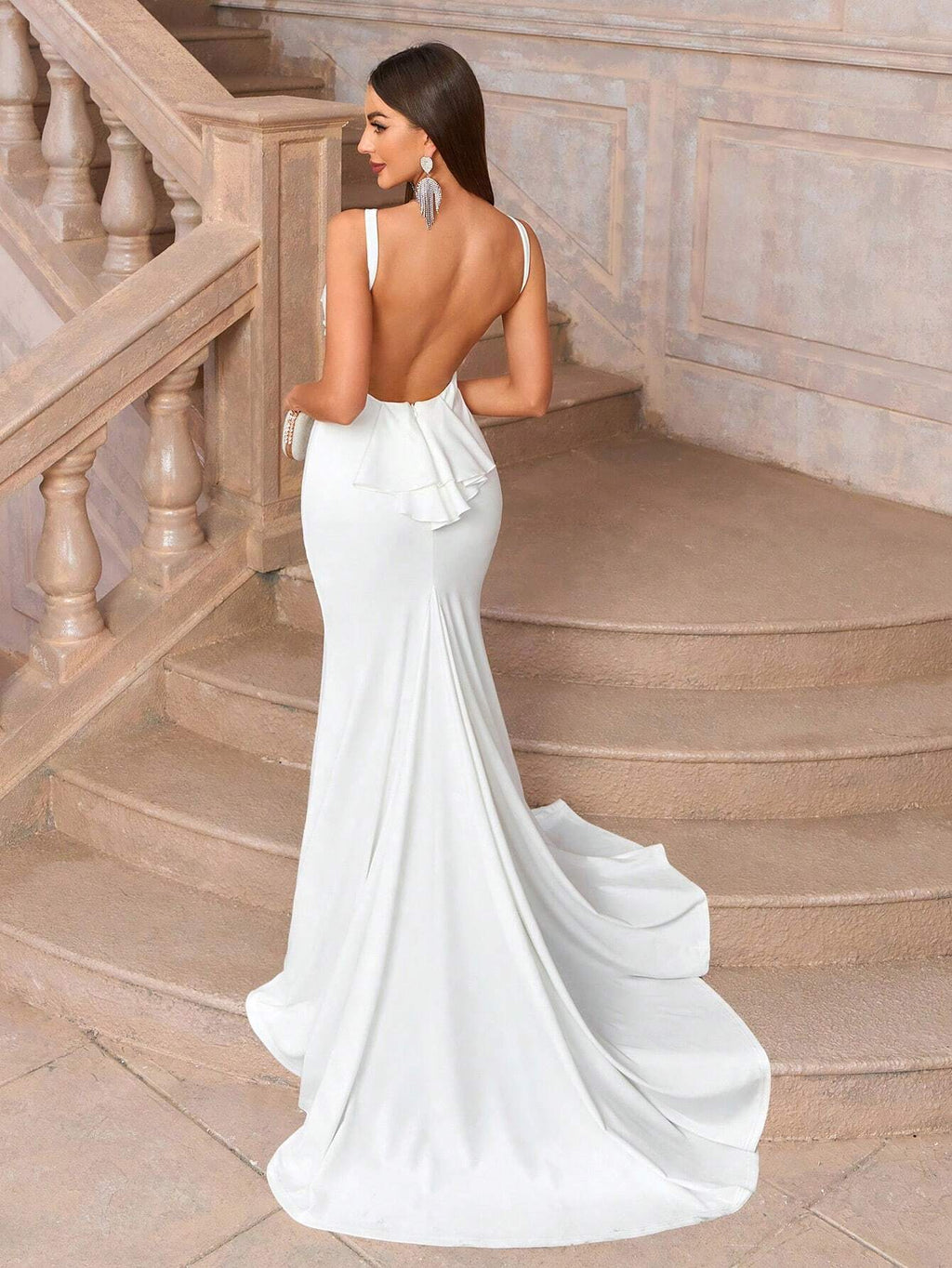Belle Elegant White Spring Formal Party Wedding Dresses,Exquisite Knitted Wide Strap Deep V-Neck Mesh