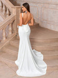 Belle Elegant White Spring Formal Party Wedding Dresses,Exquisite Knitted Wide Strap Deep V-Neck Mesh
