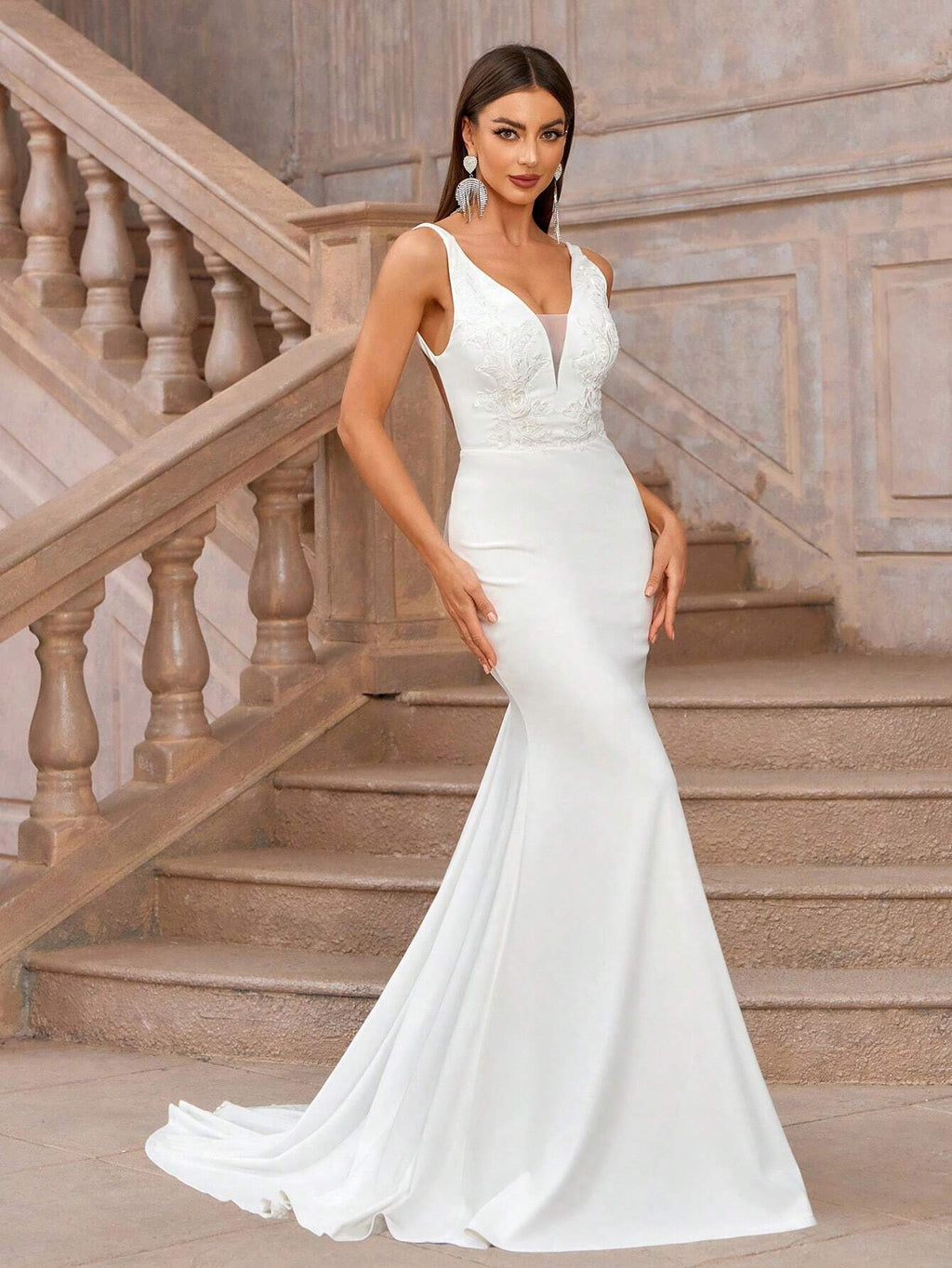 Belle Elegant White Spring Formal Party Wedding Dresses,Exquisite Knitted Wide Strap Deep V-Neck Mesh - image 9