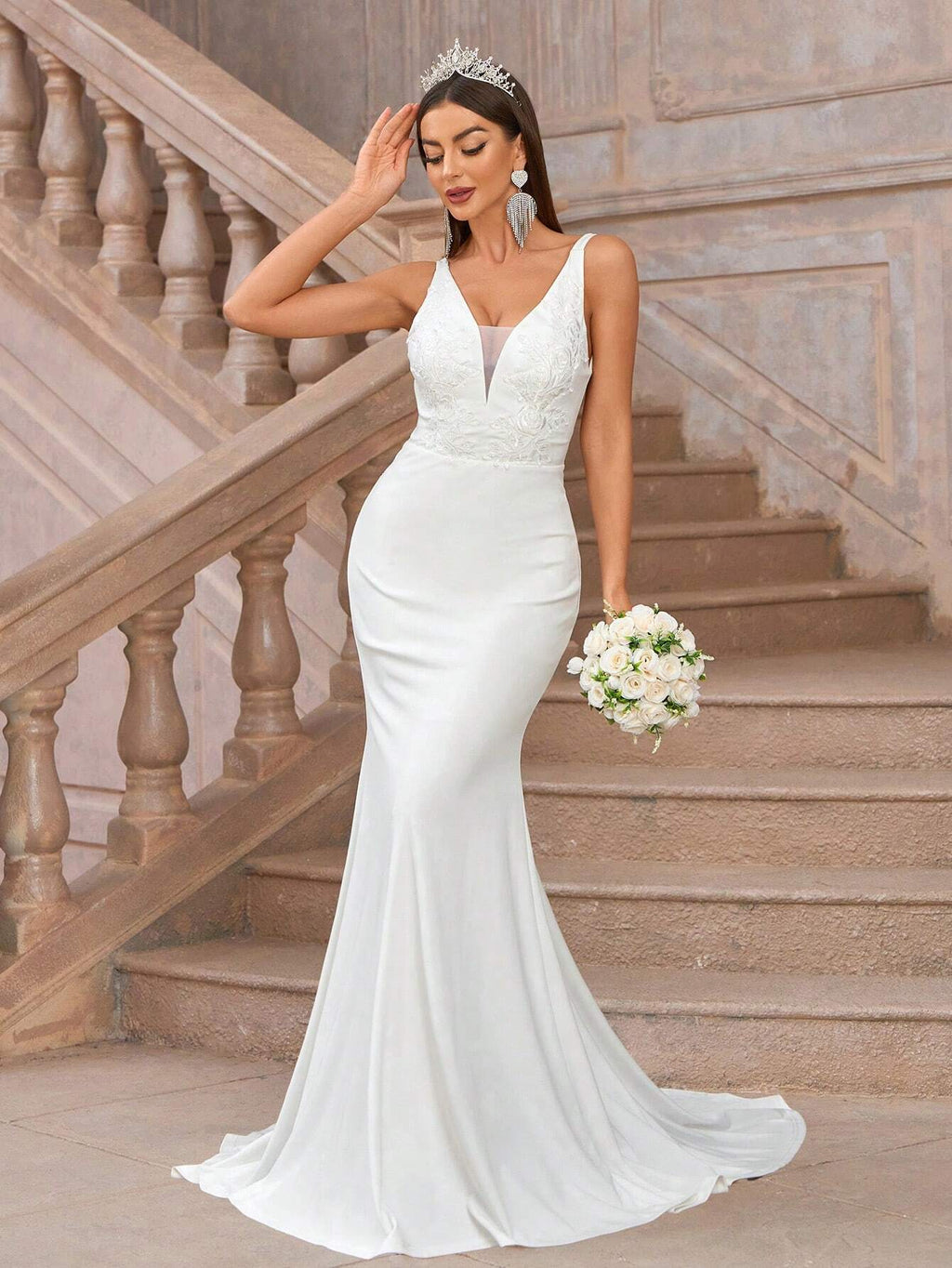Belle Elegant White Spring Formal Party Wedding Dresses,Exquisite Knitted Wide Strap Deep V-Neck Mesh - image 5