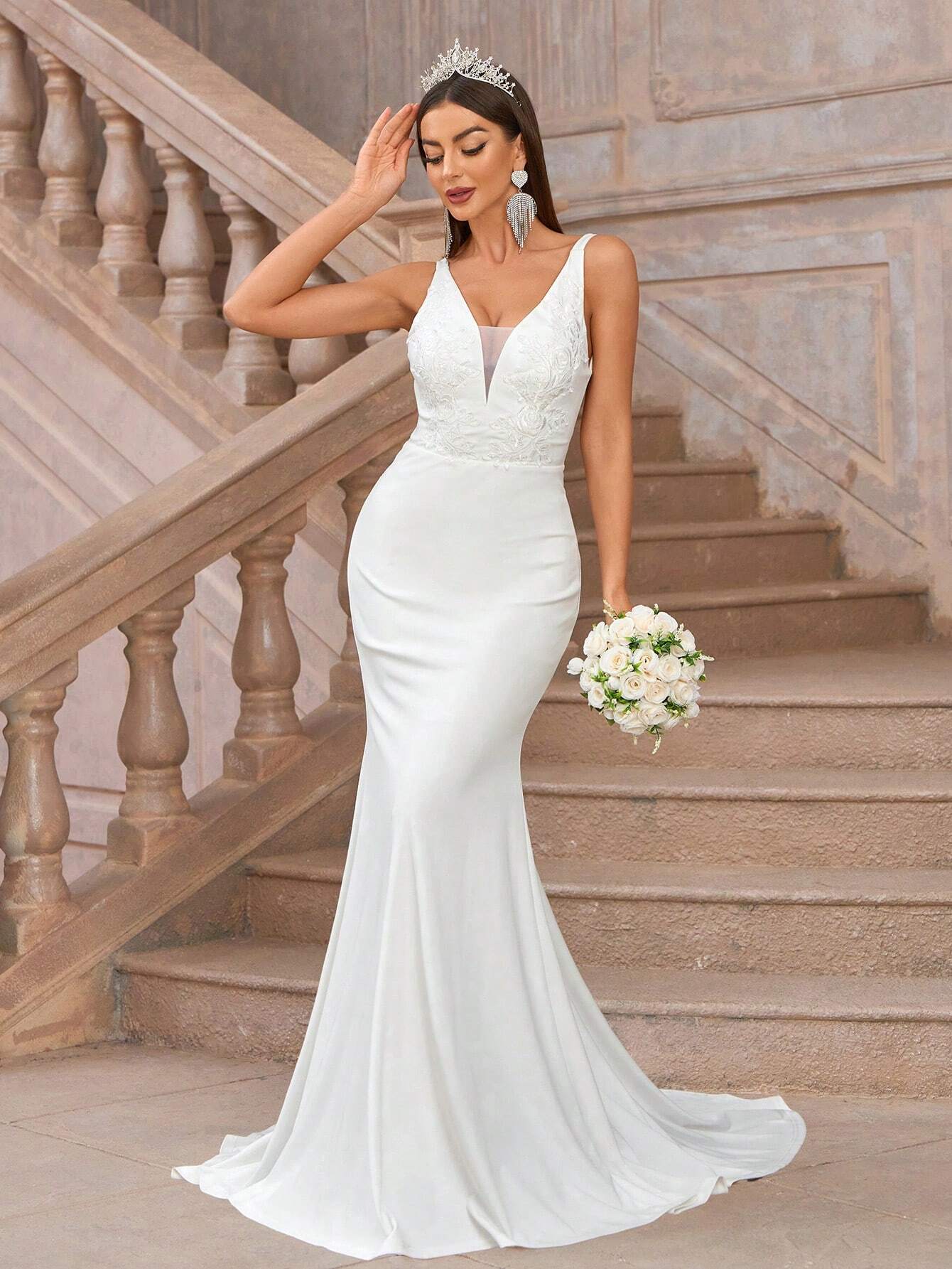 Belle Elegant White Spring Formal Party Wedding Dresses,Exquisite Knitted Wide Strap Deep V-Neck Mesh - image 5