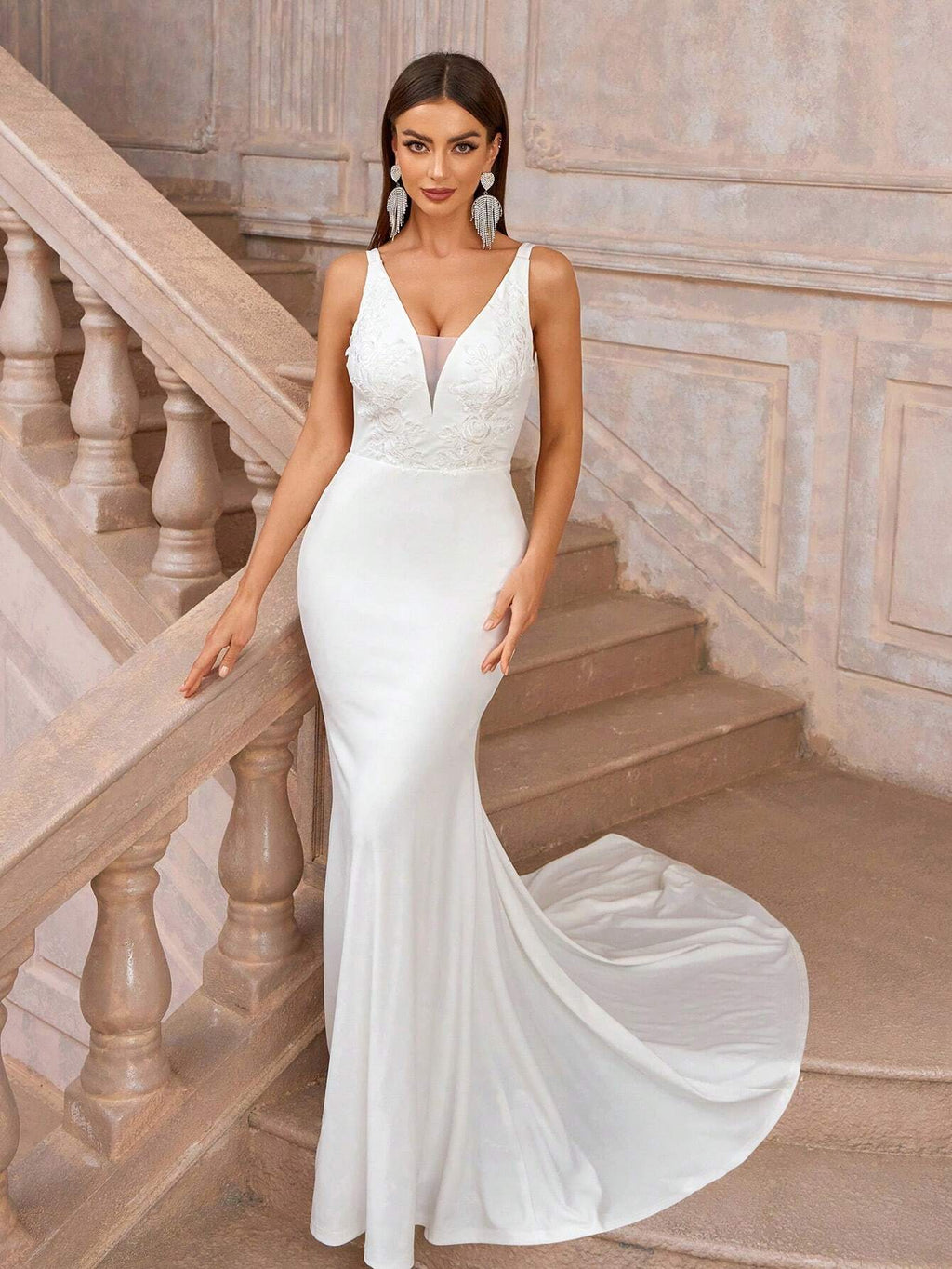 Belle Elegant White Spring Formal Party Wedding Dresses,Exquisite Knitted Wide Strap Deep V-Neck Mesh - image 6