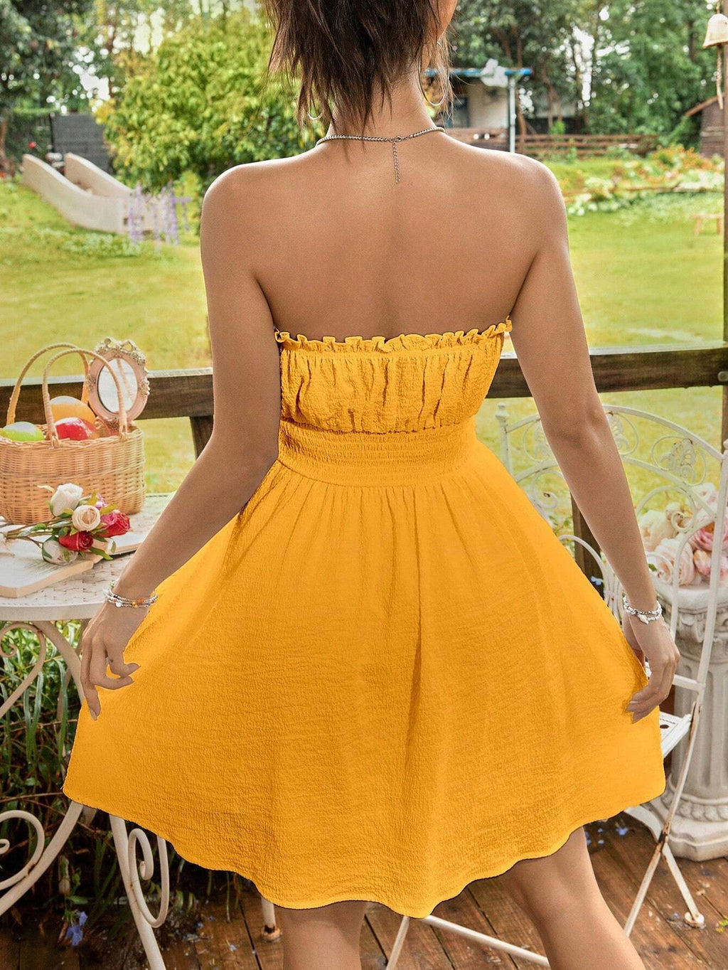 Soleia Women Summer Vacation Strapless Frill Trim Tie Waist Shirred