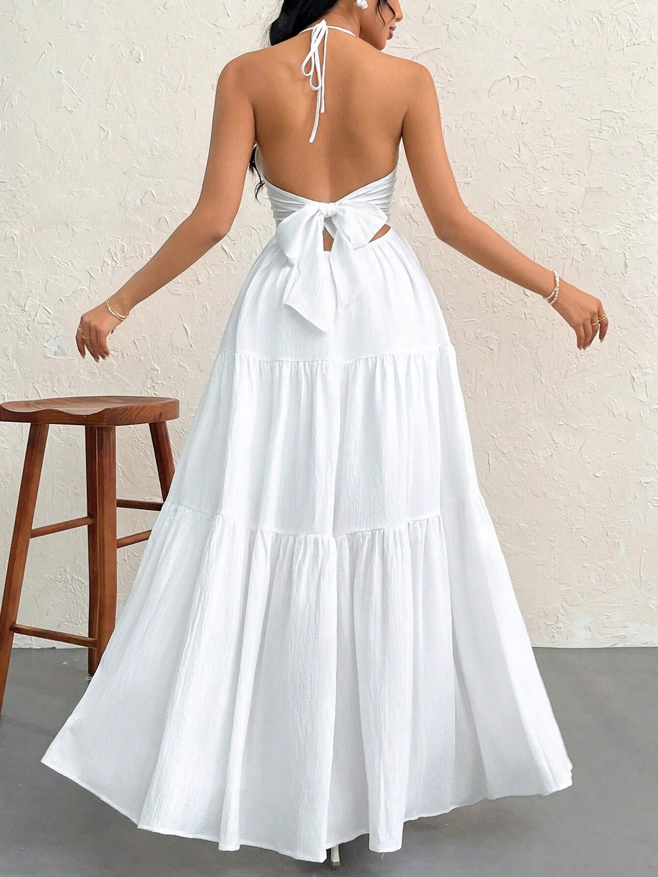 Firerie Women's Cream White Elegant Tropical Vacation Holiday Summer Halter V-Neck Backless A-Line Pleated - image 10