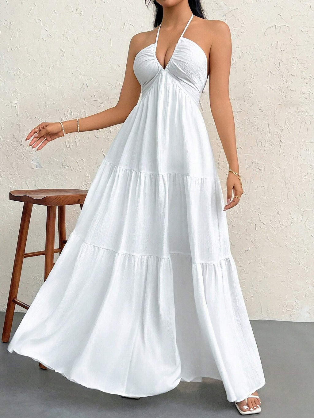 Firerie Women's Cream White Elegant Tropical Vacation Holiday Summer Halter V-Neck Backless A-Line Pleated - image 18