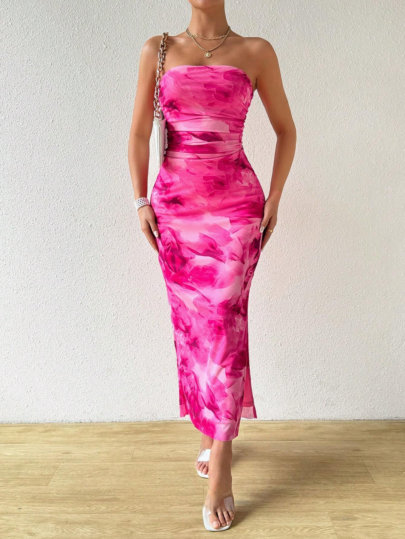 Ladies' Tie Dye Strapless Dress With Side Slit Hem Maxi