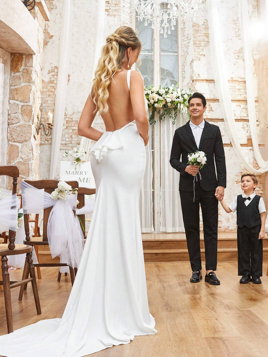 Belle Elegant White Spring Formal Party Wedding Dresses,Exquisite Knitted Wide Strap Deep V-Neck Mesh - image 2