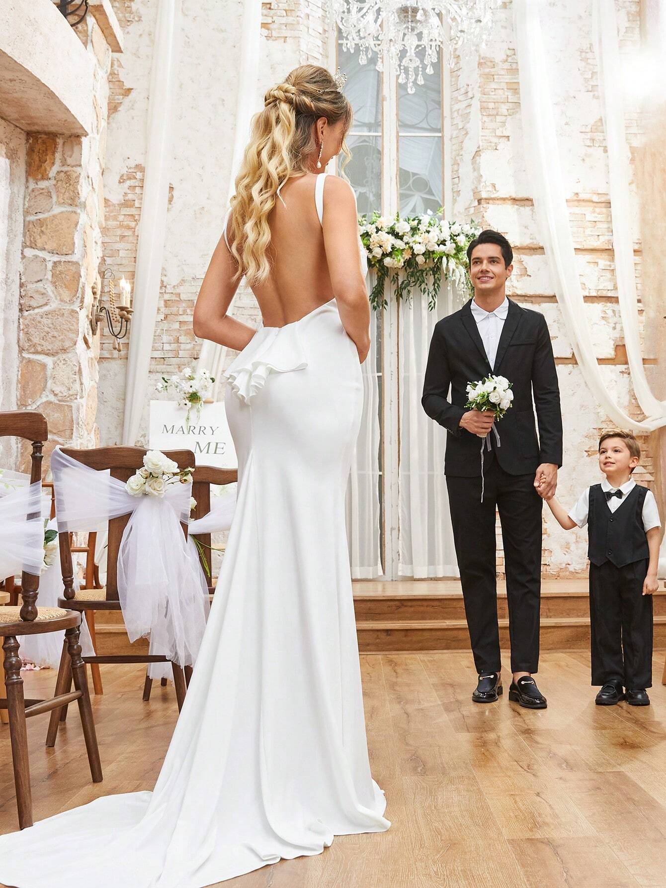 Belle Elegant White Spring Formal Party Wedding Dresses,Exquisite Knitted Wide Strap Deep V-Neck Mesh - image 2