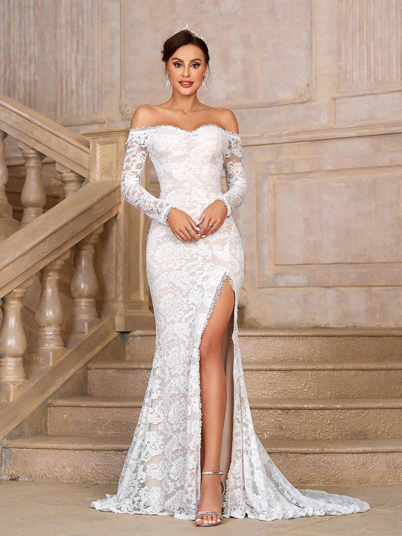 Belle Elegant White Summer Wedding Dress,Off-Shoulder See-Through Long Sleeves Lace Mermaid Bridal Gown With - image 2