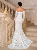 Belle Elegant White Summer Wedding Dress,Off-Shoulder See-Through Long Sleeves Lace Mermaid Bridal Gown With