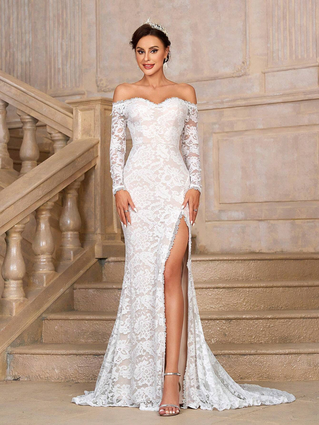 Belle Elegant White Summer Wedding Dress,Off-Shoulder See-Through Long Sleeves Lace Mermaid Bridal Gown With - image 3