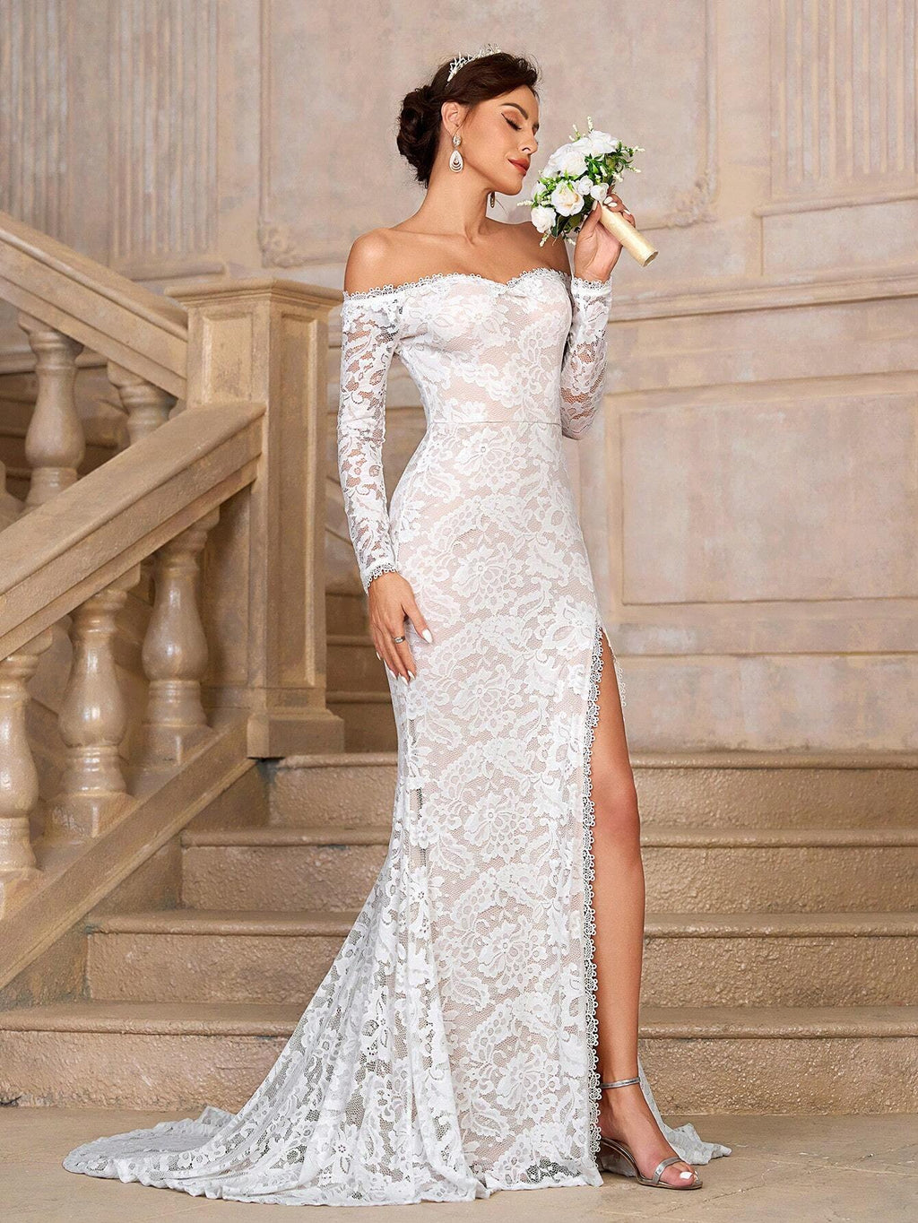 Belle Elegant White Summer Wedding Dress,Off-Shoulder See-Through Long Sleeves Lace Mermaid Bridal Gown With - image 4