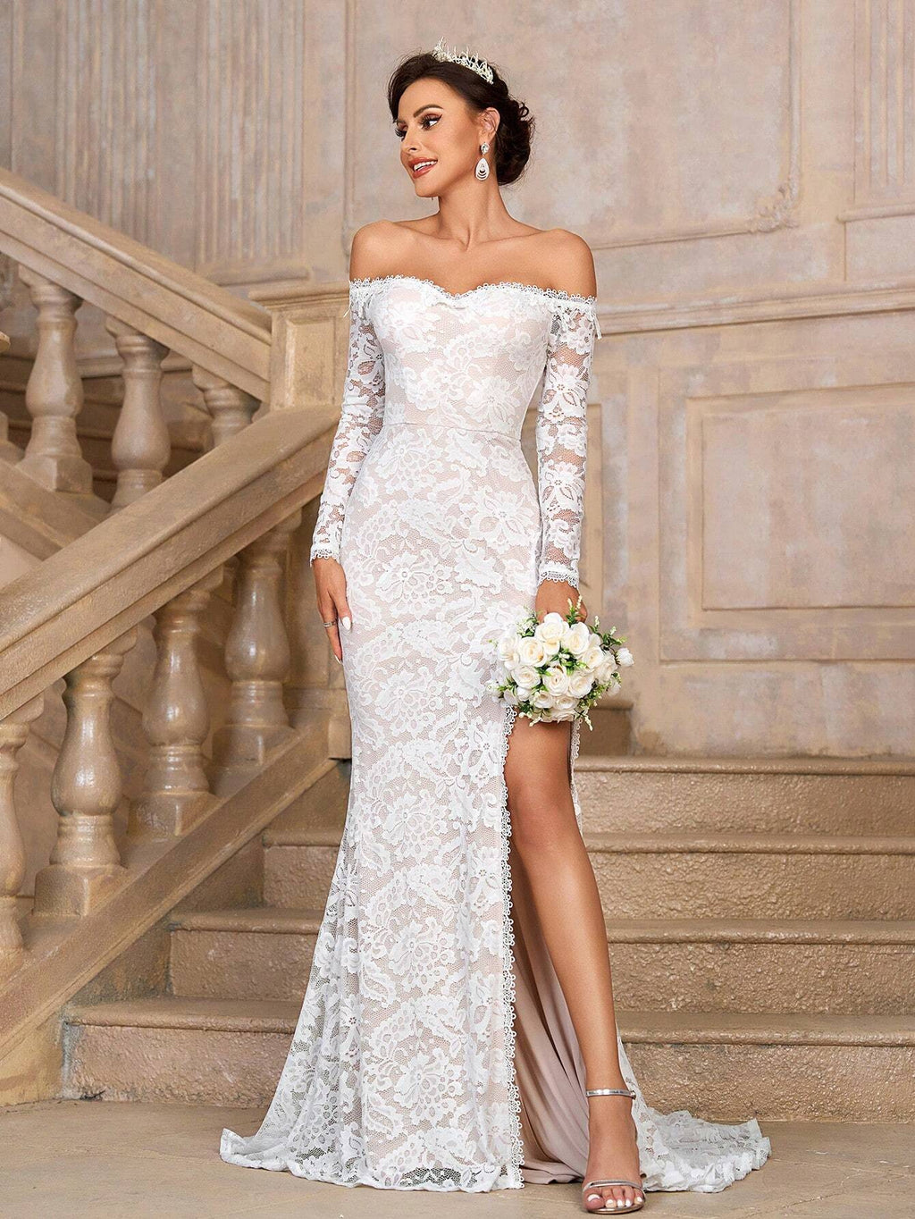 Belle Elegant White Summer Wedding Dress,Off-Shoulder See-Through Long Sleeves Lace Mermaid Bridal Gown With - image 6
