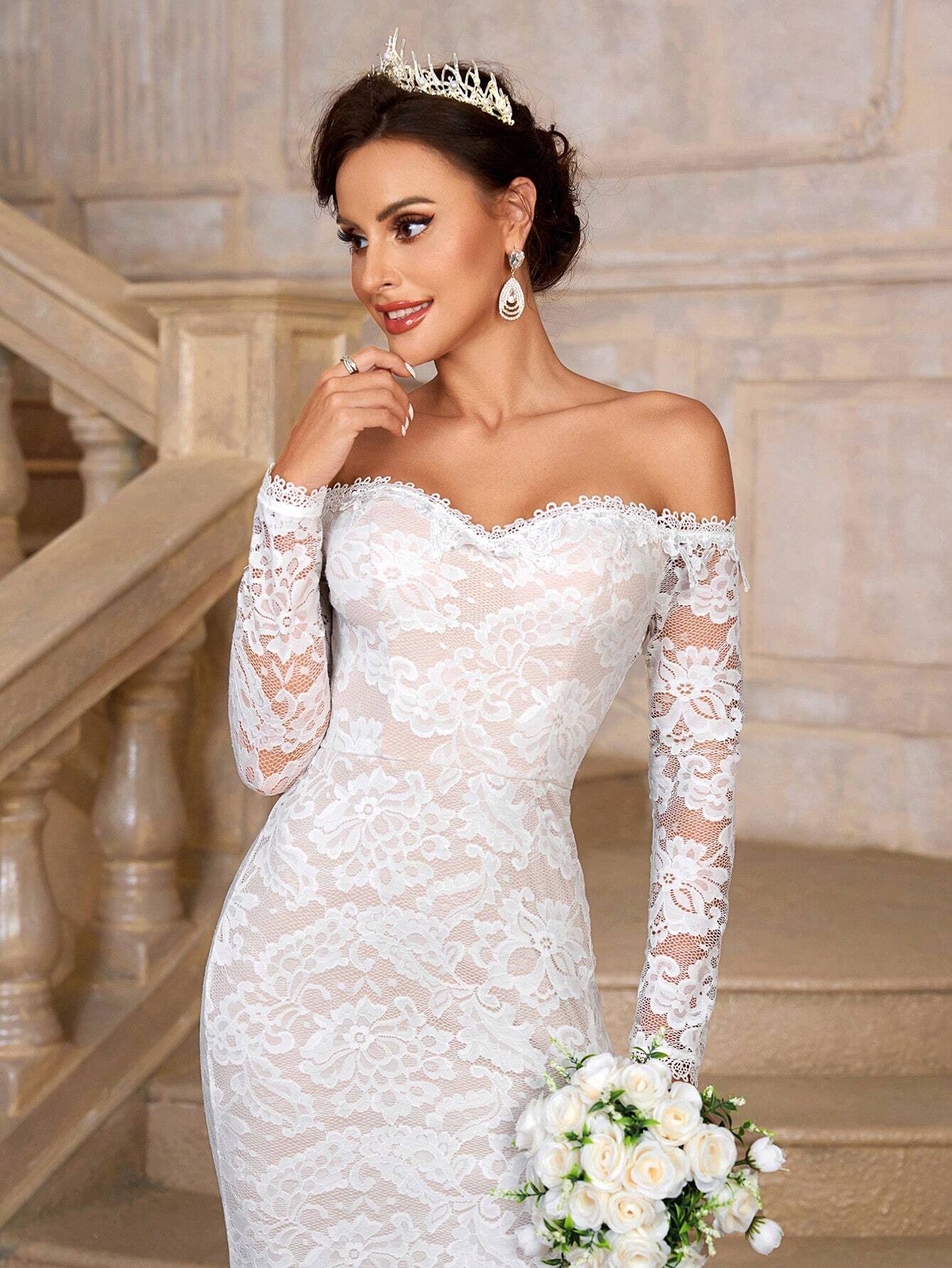 Belle Elegant White Summer Wedding Dress,Off-Shoulder See-Through Long Sleeves Lace Mermaid Bridal Gown With - image 7