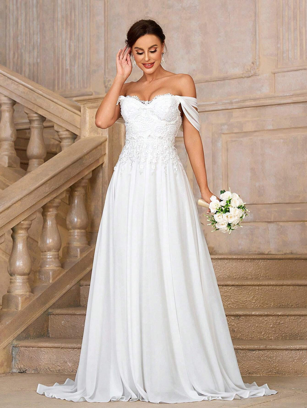 Belle Women's White Spring Elegant Silky Wedding Dress,Lace Sequined One Shoulder Bridal Gown,High Waist