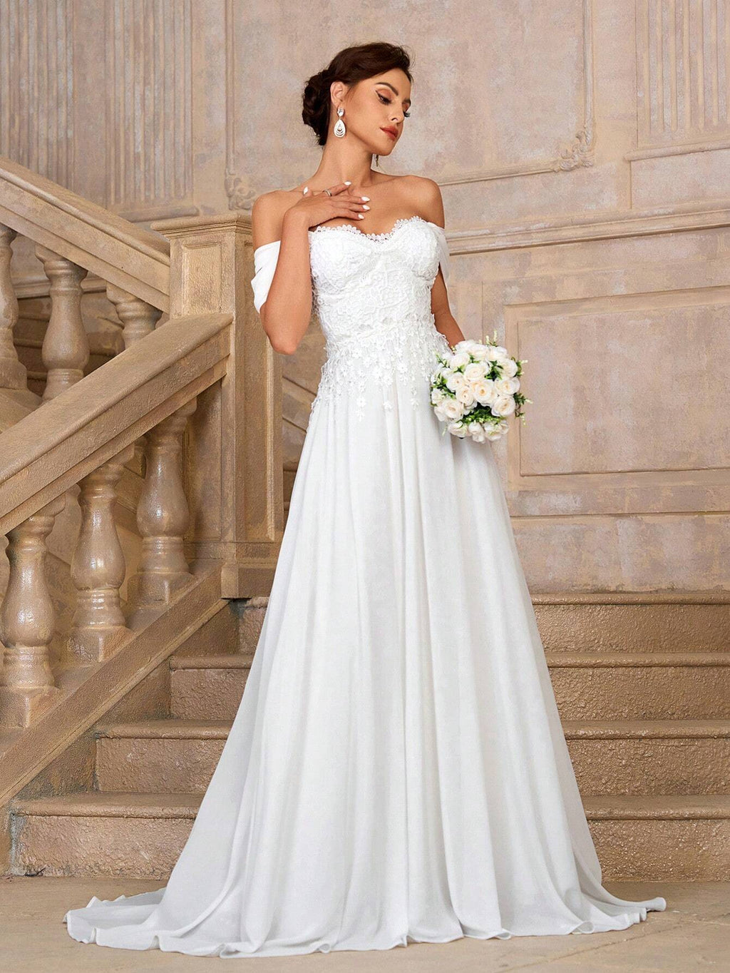 Belle Women's White Spring Elegant Silky Wedding Dress,Lace Sequined One Shoulder Bridal Gown,High Waist - image 6