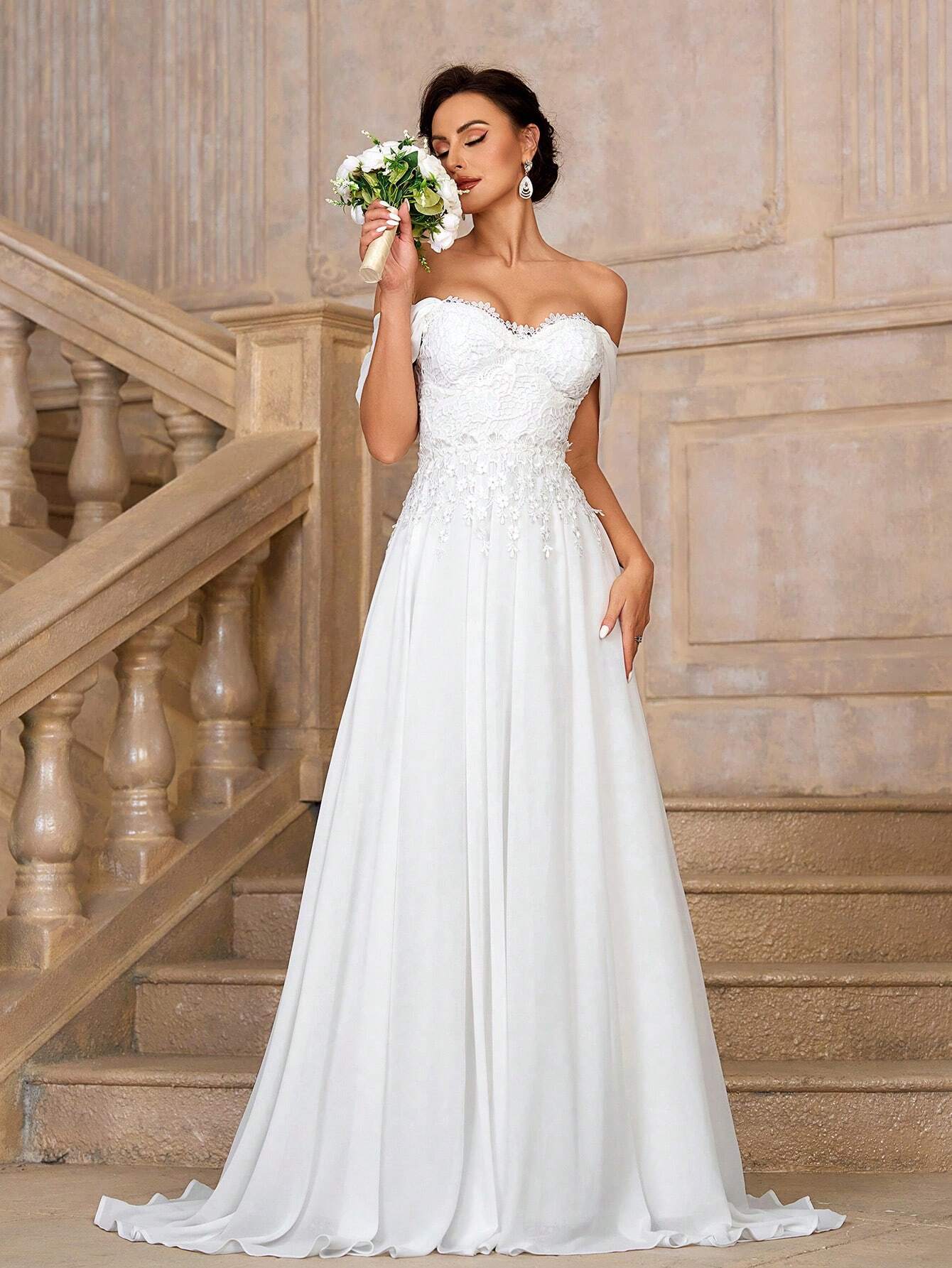 Belle Women's White Spring Elegant Silky Wedding Dress,Lace Sequined One Shoulder Bridal Gown,High Waist - image 7