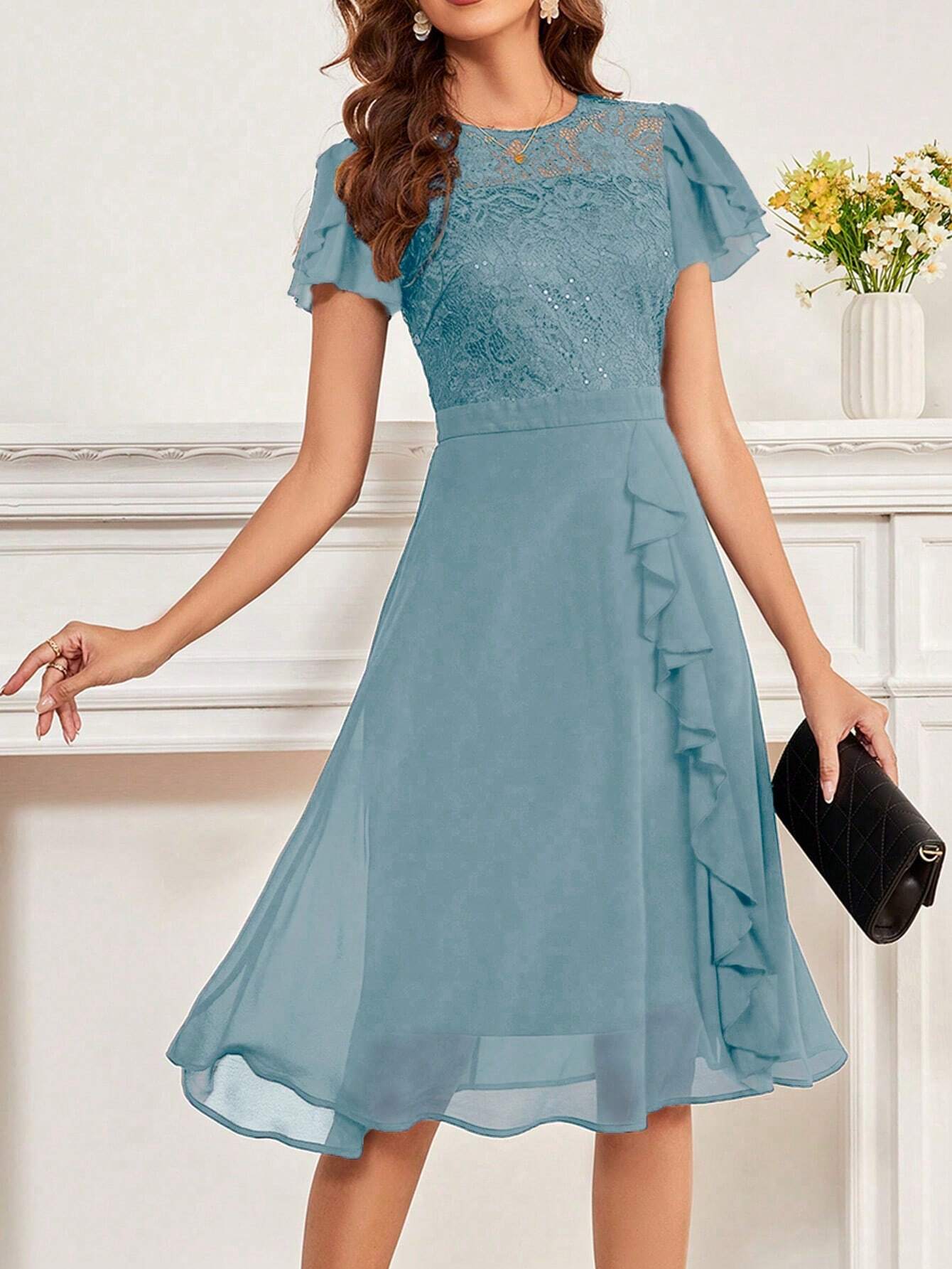 Women's Party Dress, Round Neck Short Sleeve Waist Ruffle Lace Patchwork Solid Color Bridesmaid Dress, Lace - image 8