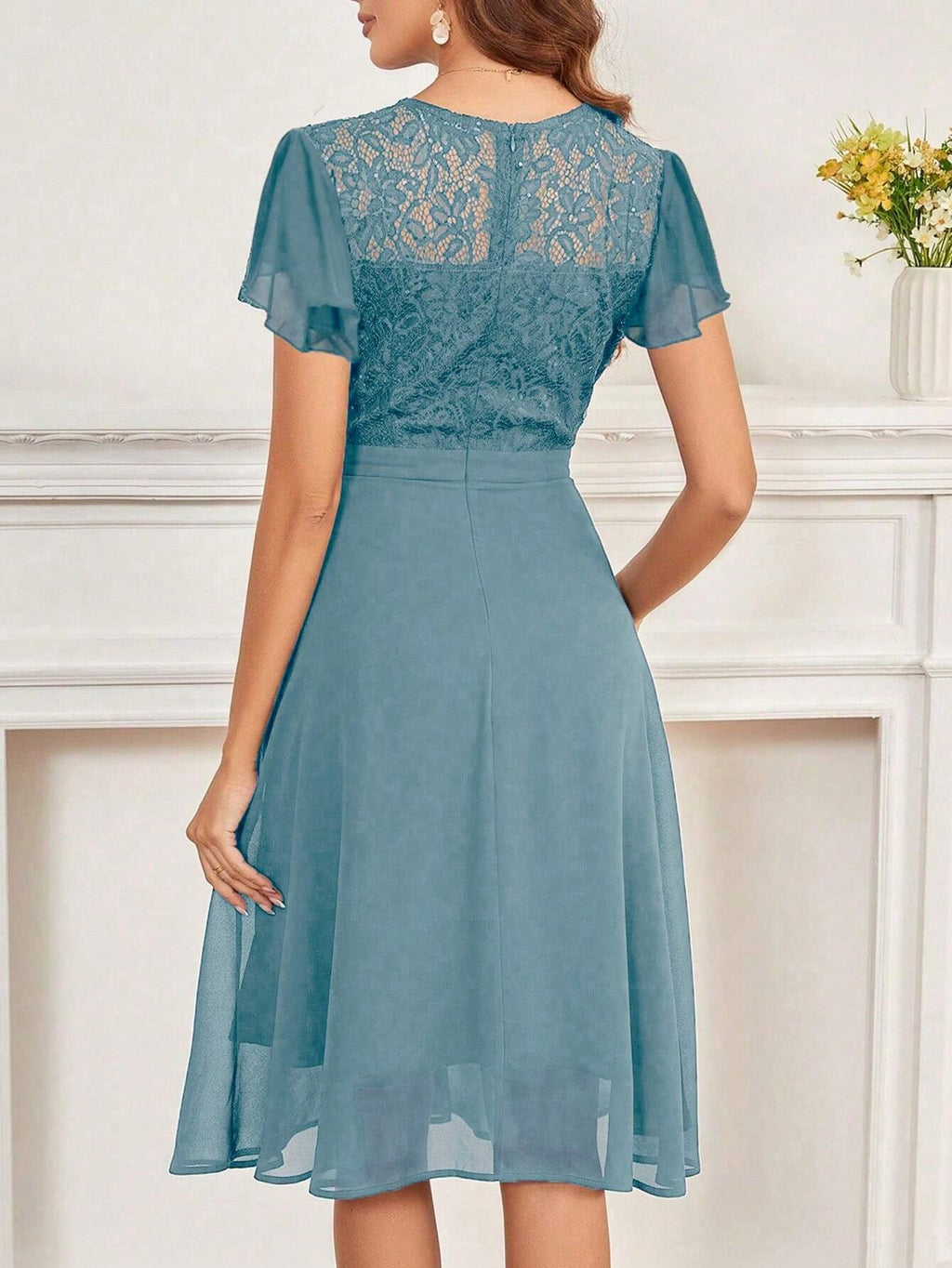 Women's Party Dress, Round Neck Short Sleeve Waist Ruffle Lace Patchwork Solid Color Bridesmaid Dress, Lace - image 9