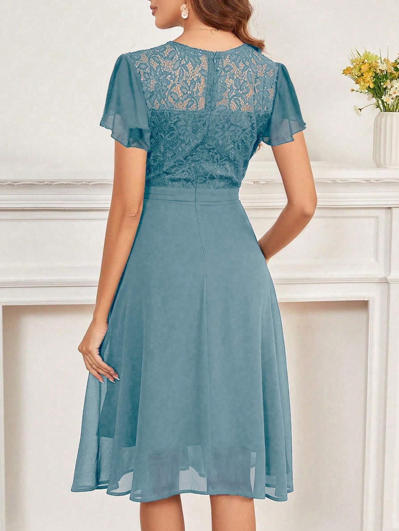 Women's Party Dress, Round Neck Short Sleeve Waist Ruffle Lace Patchwork Solid Color Bridesmaid Dress, Lace - image 9
