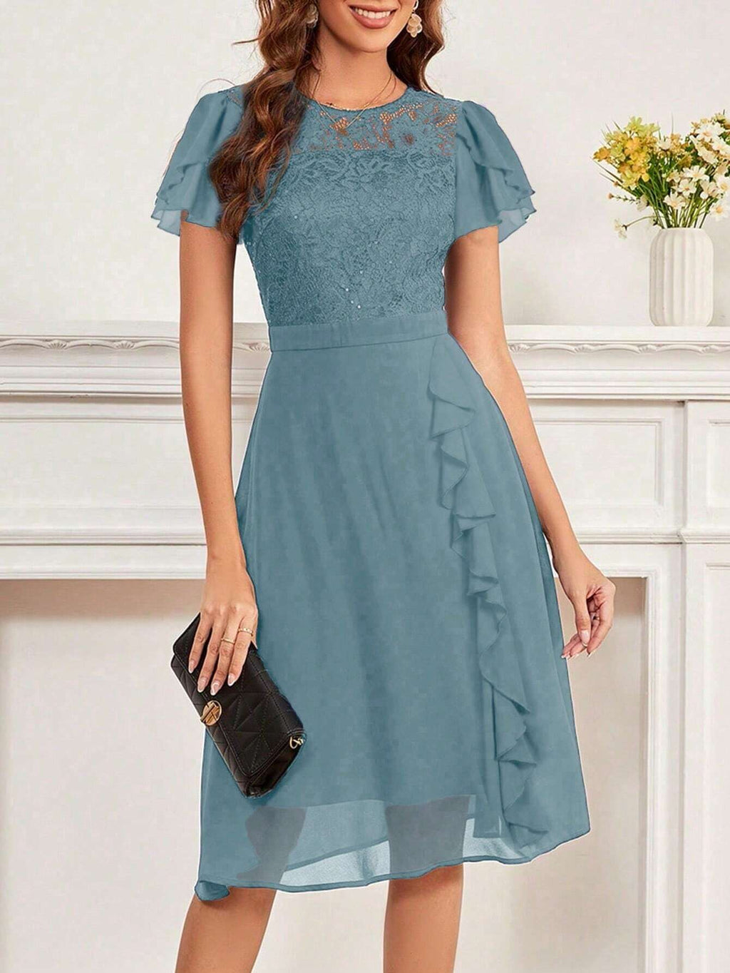Women's Party Dress, Round Neck Short Sleeve Waist Ruffle Lace Patchwork Solid Color Bridesmaid Dress, Lace - image 10