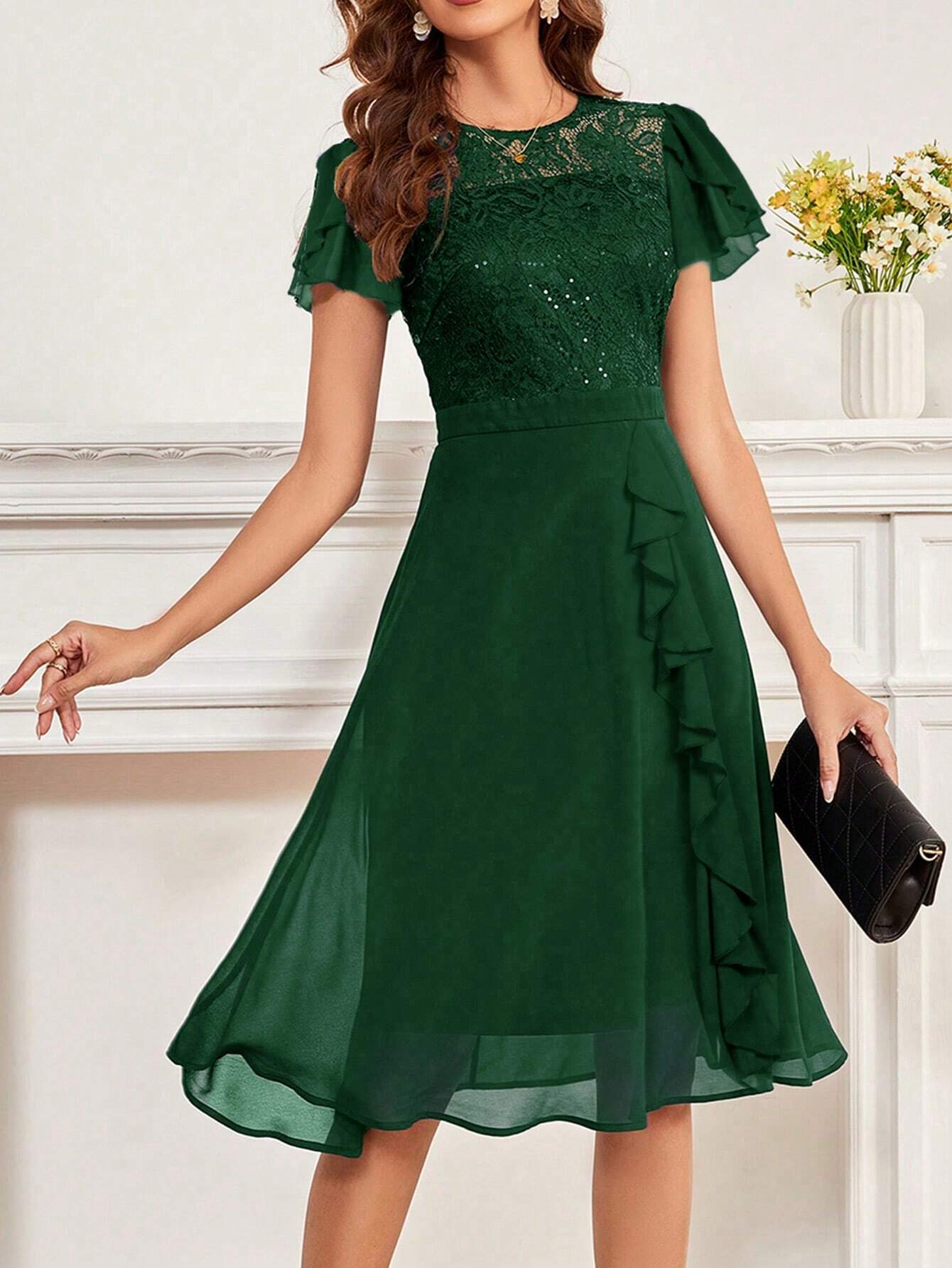 Women's Party Dress, Round Neck Short Sleeve Waist Ruffle Lace Patchwork Solid Color Bridesmaid Dress, Lace - image 13