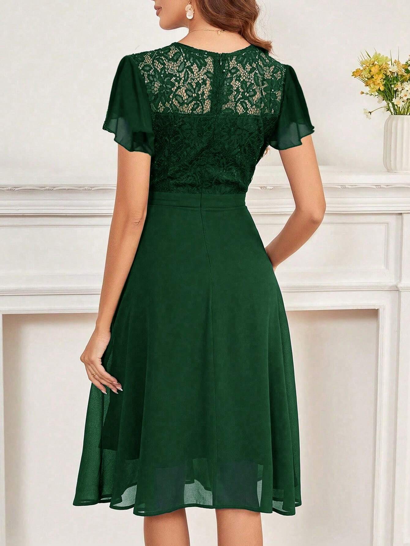 Women's Party Dress, Round Neck Short Sleeve Waist Ruffle Lace Patchwork Solid Color Bridesmaid Dress, Lace - image 14