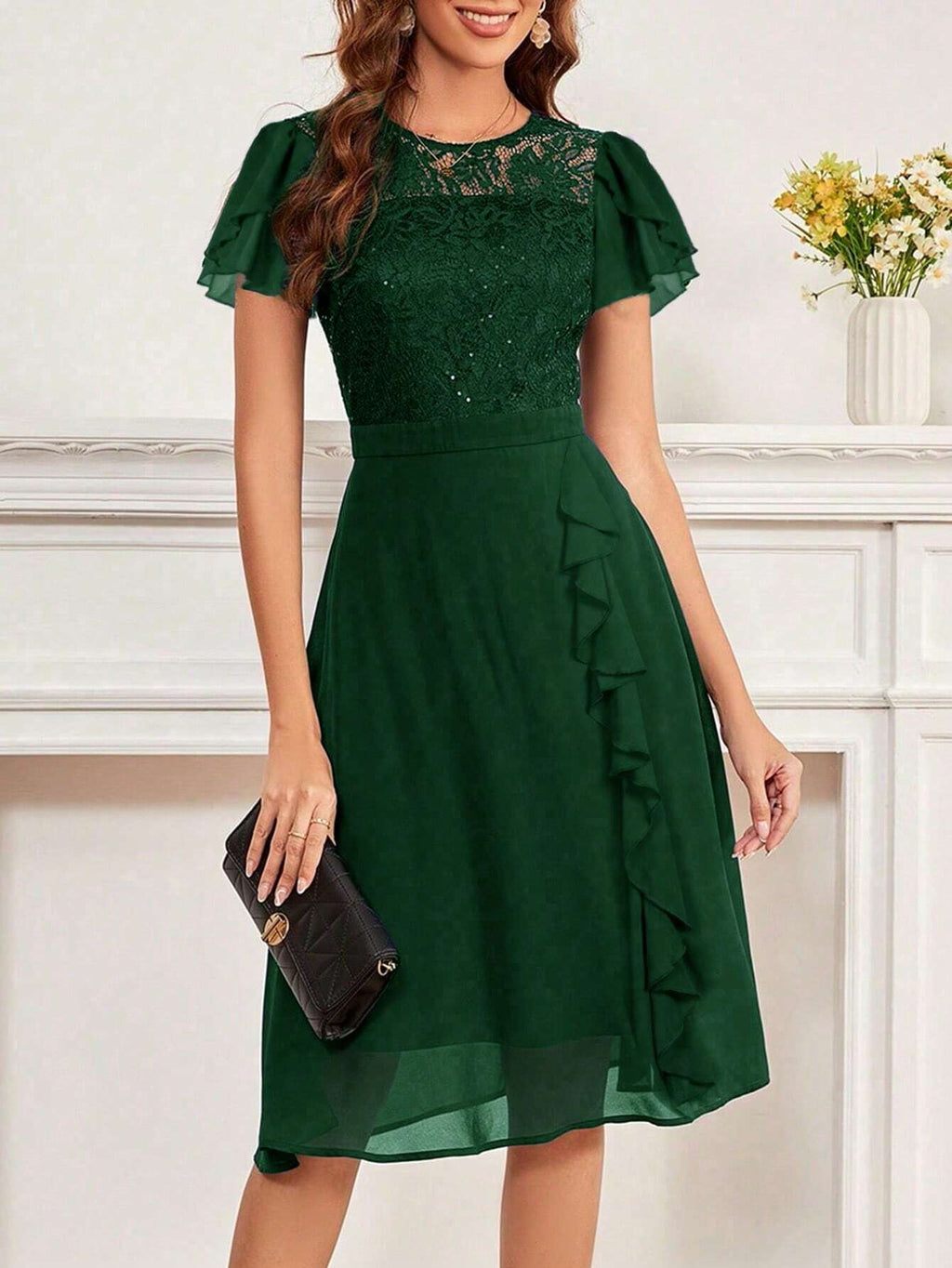 Women's Party Dress, Round Neck Short Sleeve Waist Ruffle Lace Patchwork Solid Color Bridesmaid Dress, Lace - image 17