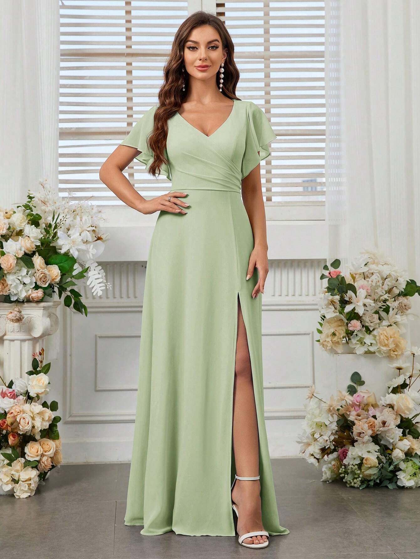 Belle Elegant Women's Light Blue Summer Wedding Bridesmaid Dress,Formal Chiffon Lotus Leaf Floating Sleeves - image 14