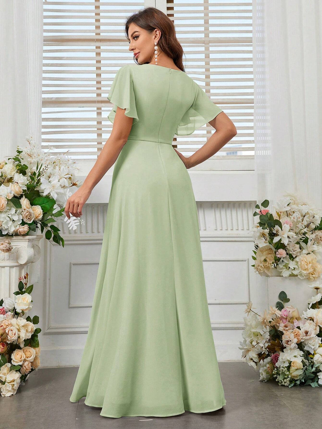 Belle Elegant Women's Light Blue Summer Wedding Bridesmaid Dress,Formal Chiffon Lotus Leaf Floating Sleeves - image 15