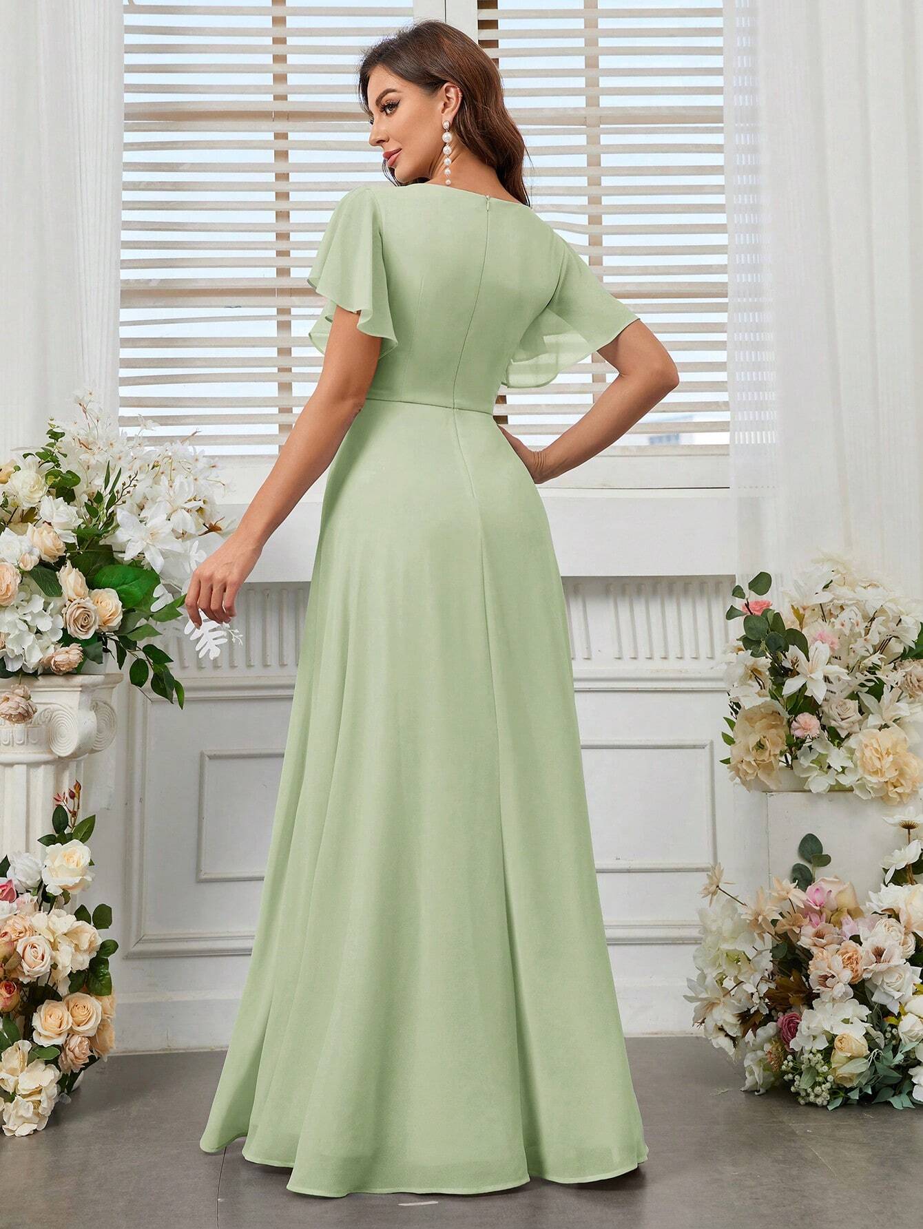 Belle Elegant Women's Light Blue Summer Wedding Bridesmaid Dress,Formal Chiffon Lotus Leaf Floating Sleeves - image 15