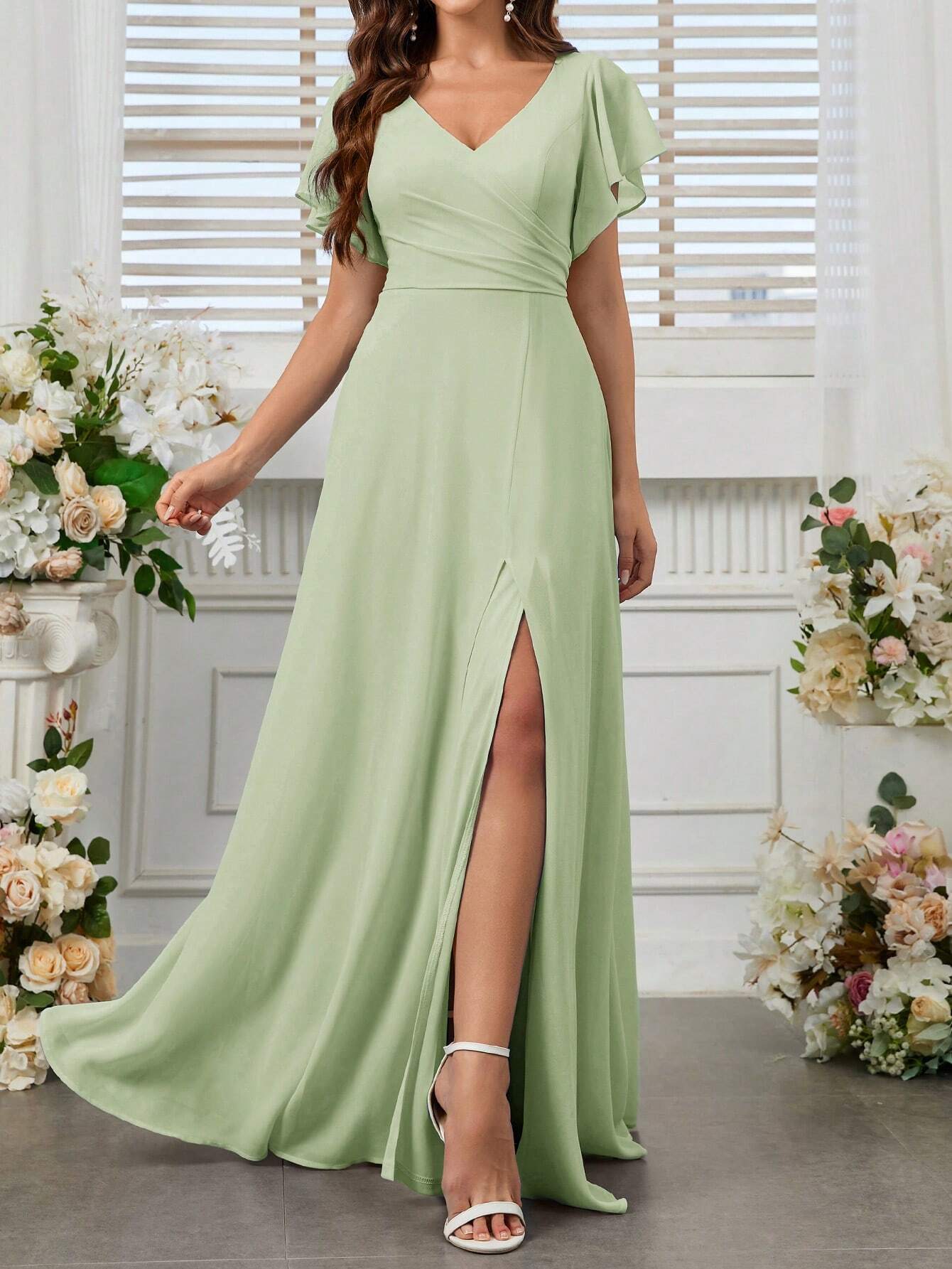 Belle Elegant Women's Light Blue Summer Wedding Bridesmaid Dress,Formal Chiffon Lotus Leaf Floating Sleeves - image 16