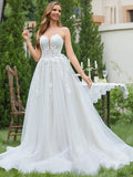 Contrast Color Embroidered Tulle Strapless Wedding Dress, Elegant Bridal Gown Spring