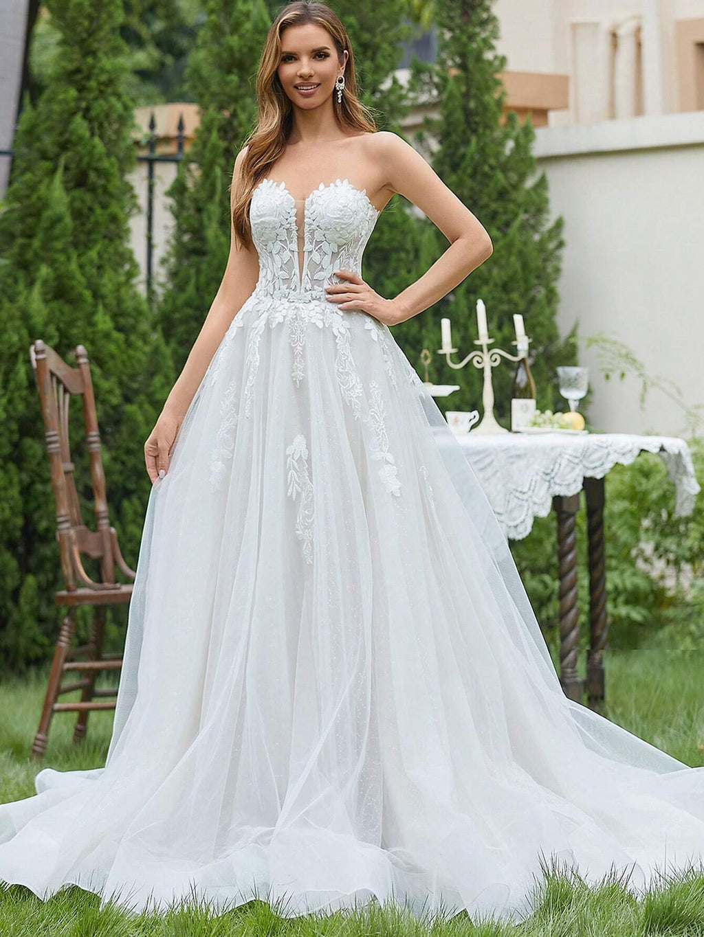 Contrast Color Embroidered Tulle Strapless Wedding Dress, Elegant Bridal Gown Spring - image 7