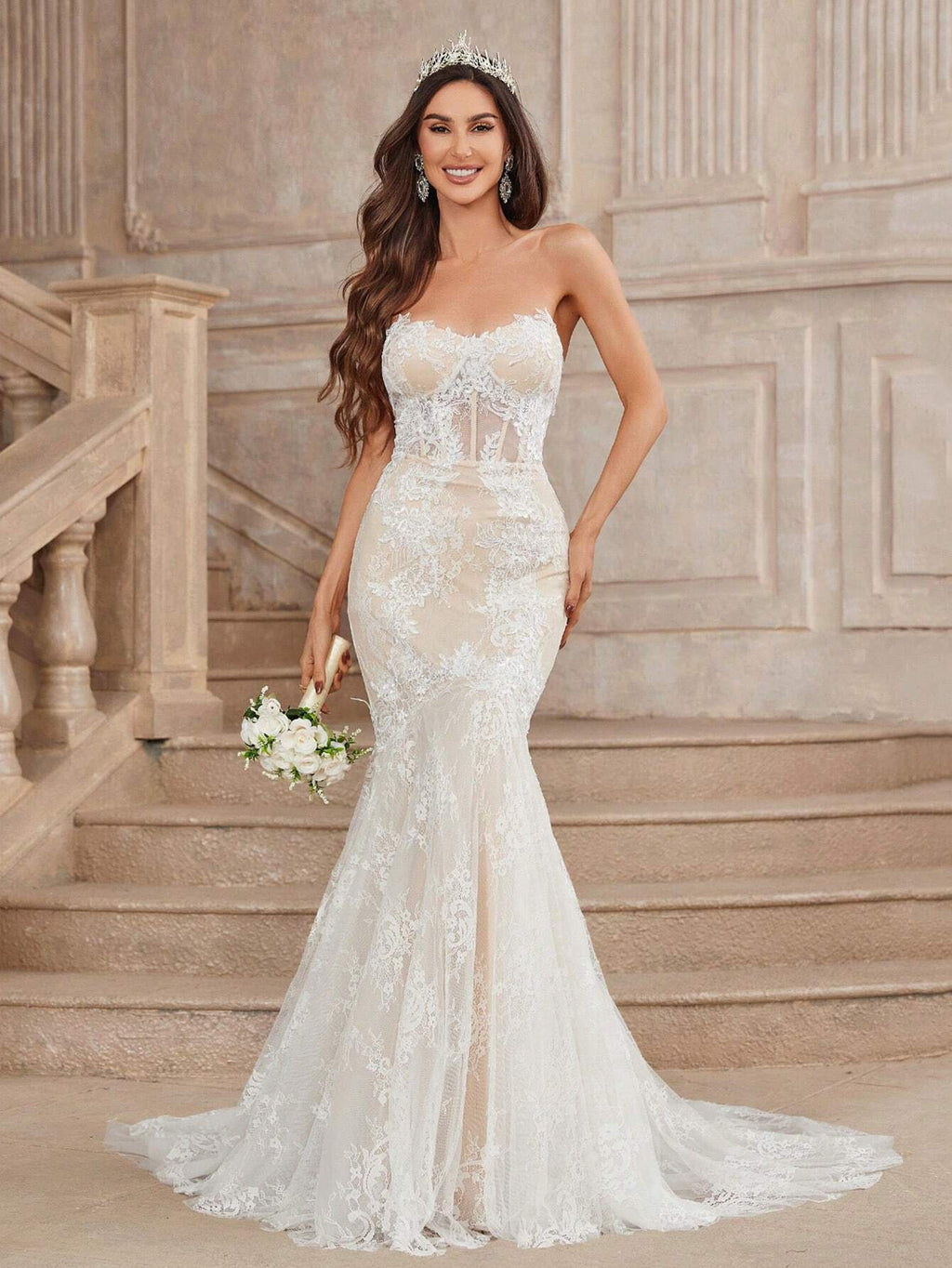 Belle Beige Summer Elegant Wedding Mermaid Dress, Strapless Contrast Lace Sheer Bodice Boning Scalloped Hem - image 11