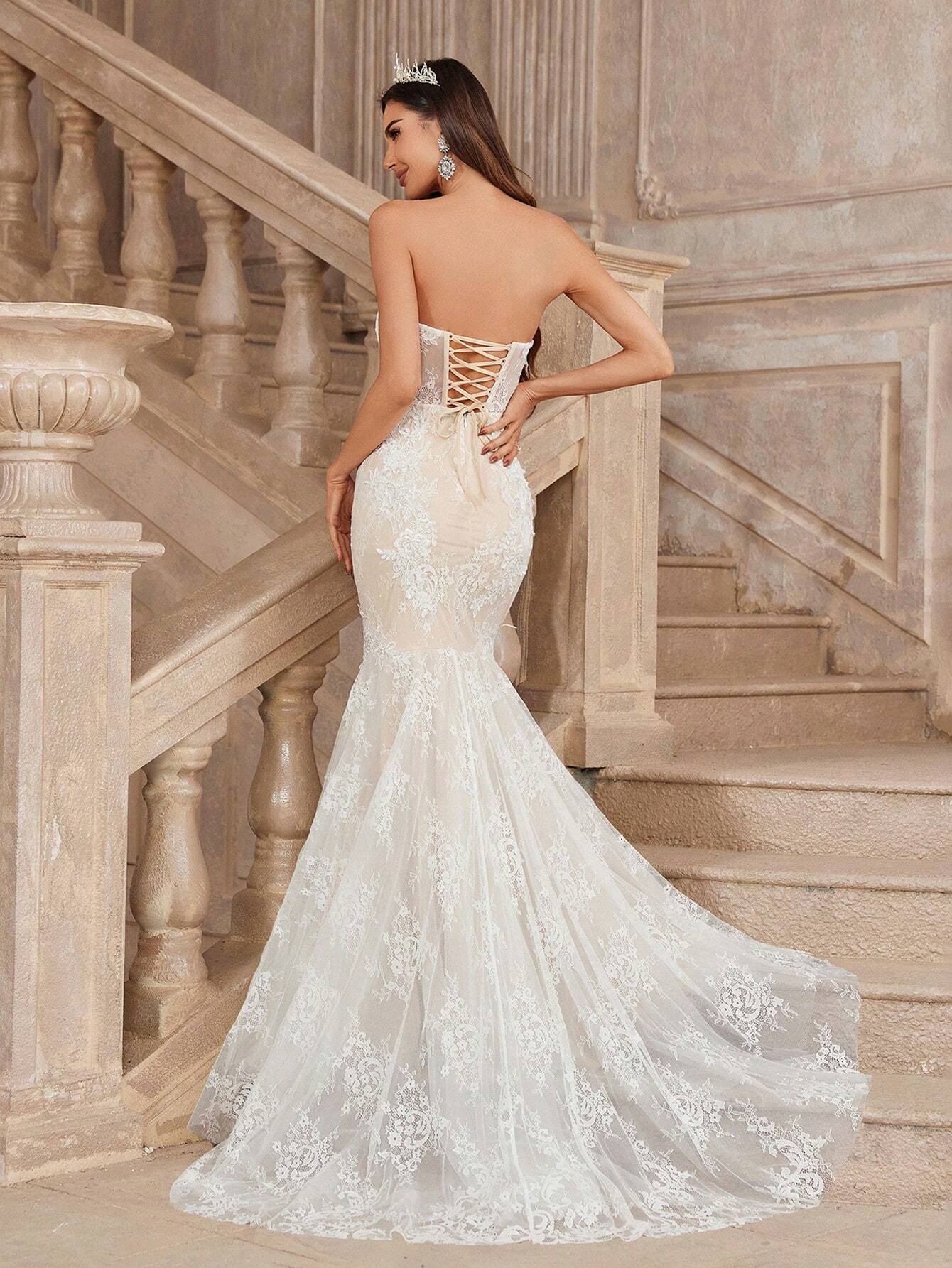 Belle Beige Summer Elegant Wedding Mermaid Dress, Strapless Contrast Lace Sheer Bodice Boning Scalloped Hem - image 8