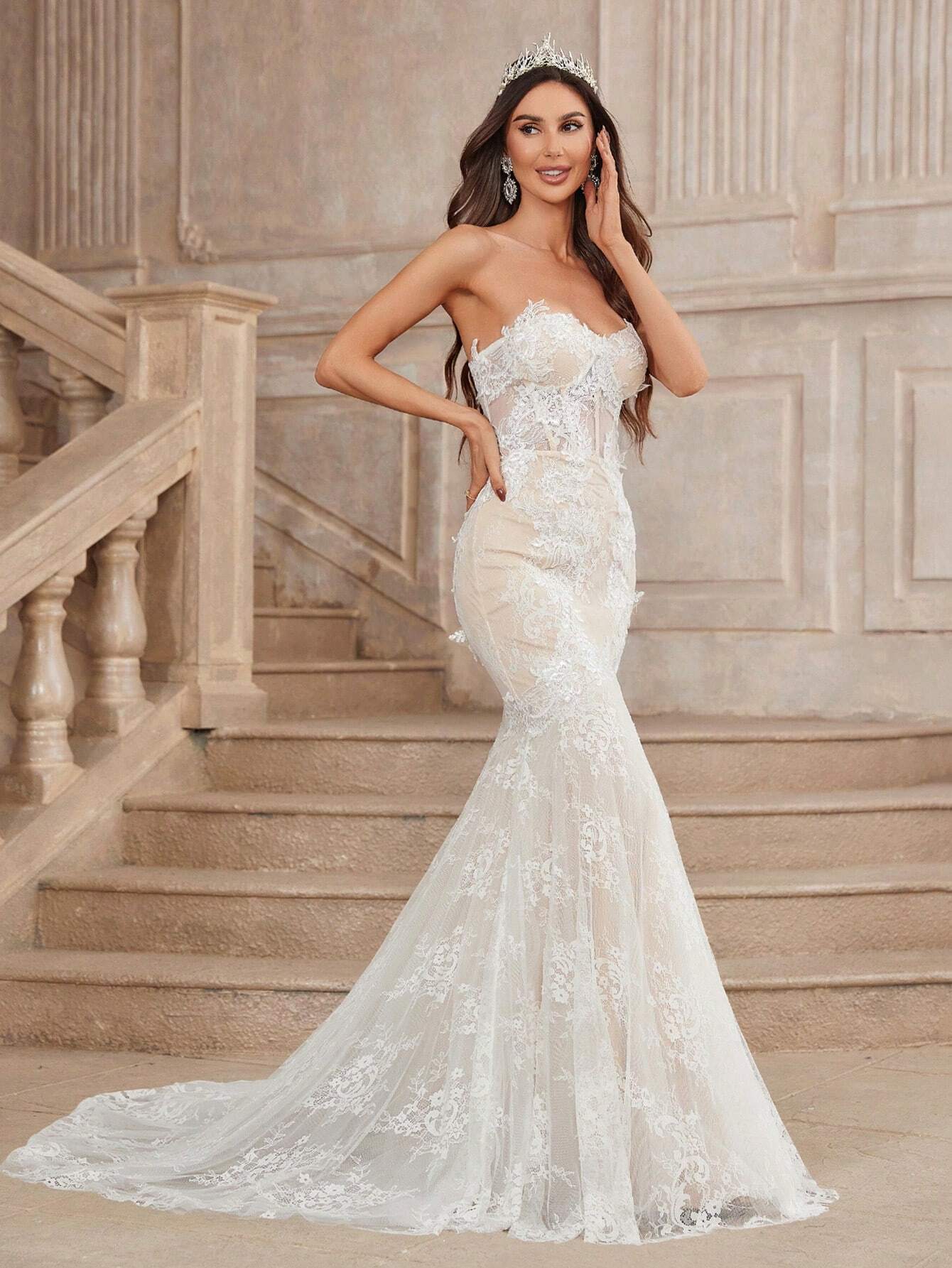 Belle Beige Summer Elegant Wedding Mermaid Dress, Strapless Contrast Lace Sheer Bodice Boning Scalloped Hem - image 9
