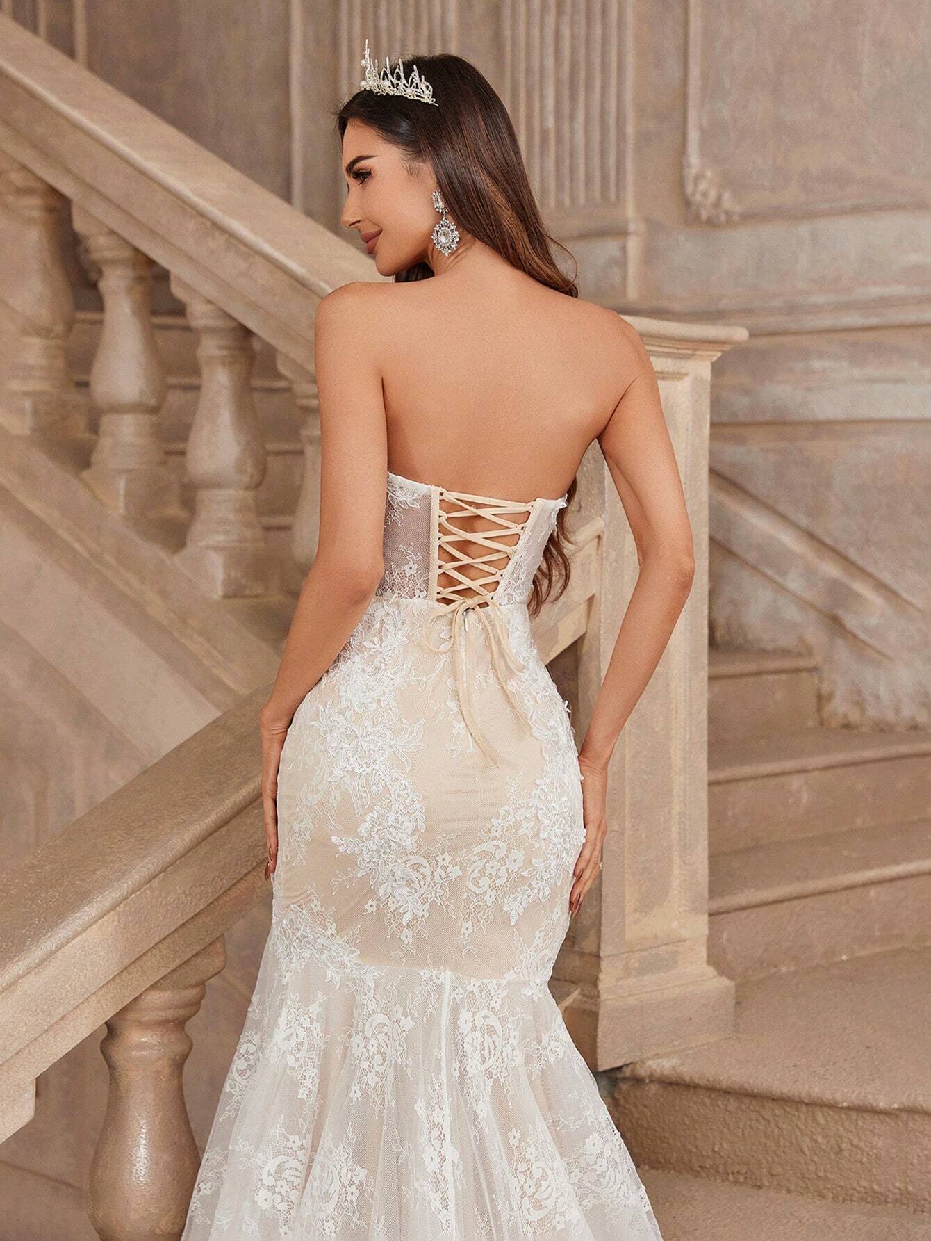 Belle Beige Summer Elegant Wedding Mermaid Dress, Strapless Contrast Lace Sheer Bodice Boning Scalloped Hem - image 12