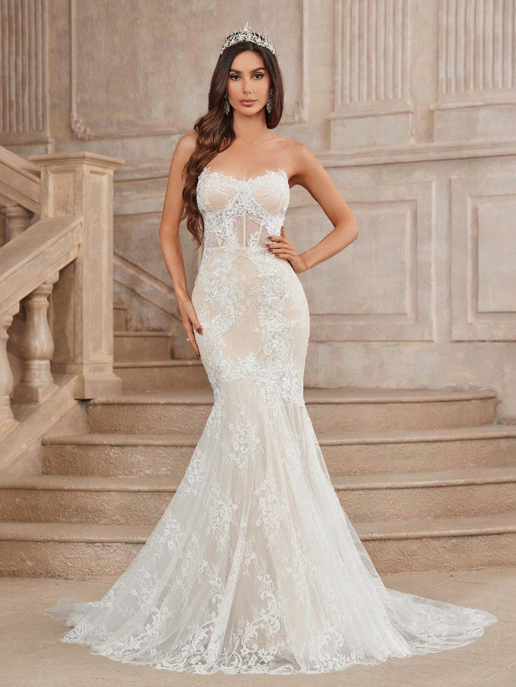 Belle Beige Summer Elegant Wedding Mermaid Dress, Strapless Contrast Lace Sheer Bodice Boning Scalloped Hem - image 13