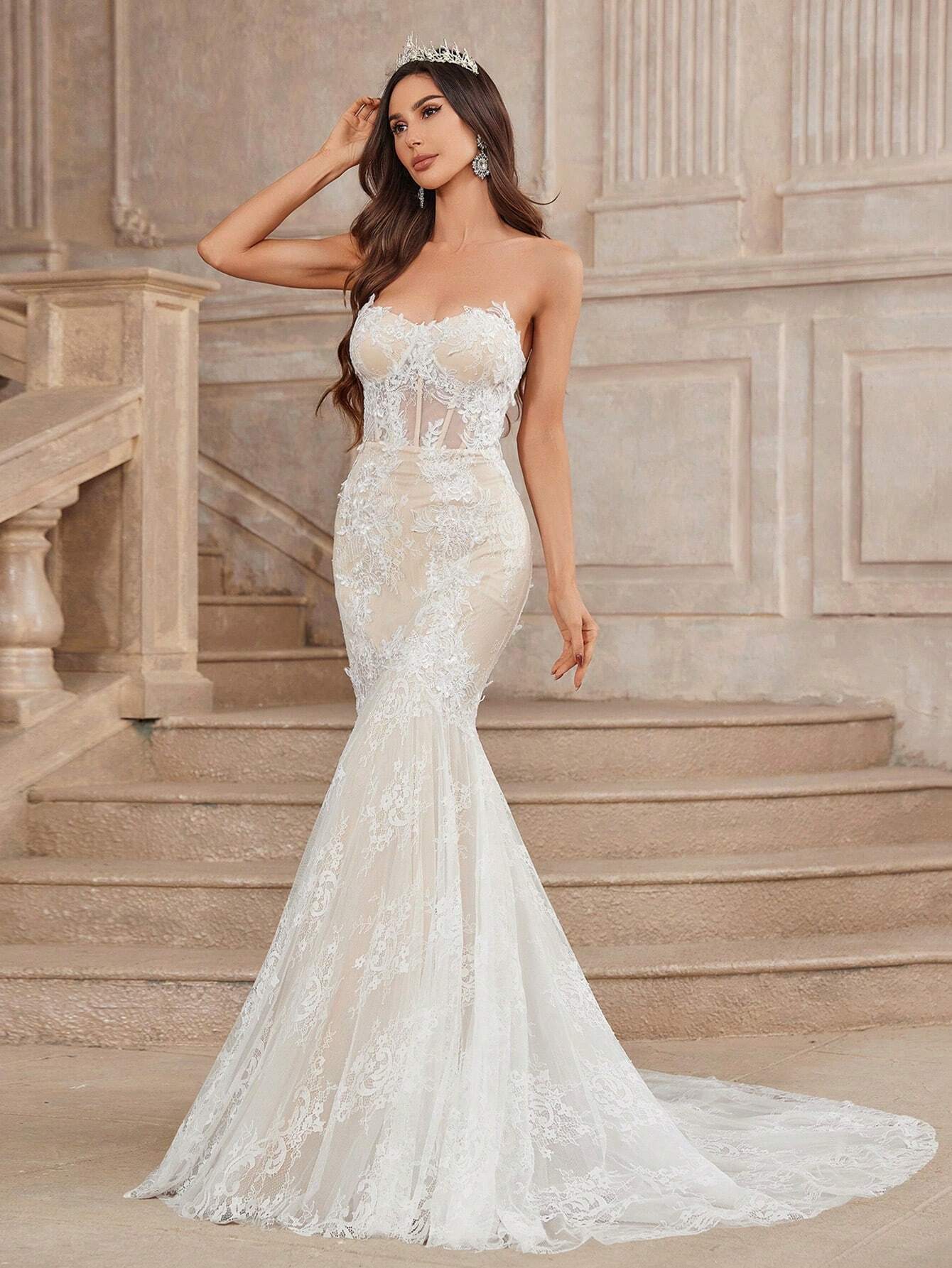 Belle Beige Summer Elegant Wedding Mermaid Dress, Strapless Contrast Lace Sheer Bodice Boning Scalloped Hem - image 14