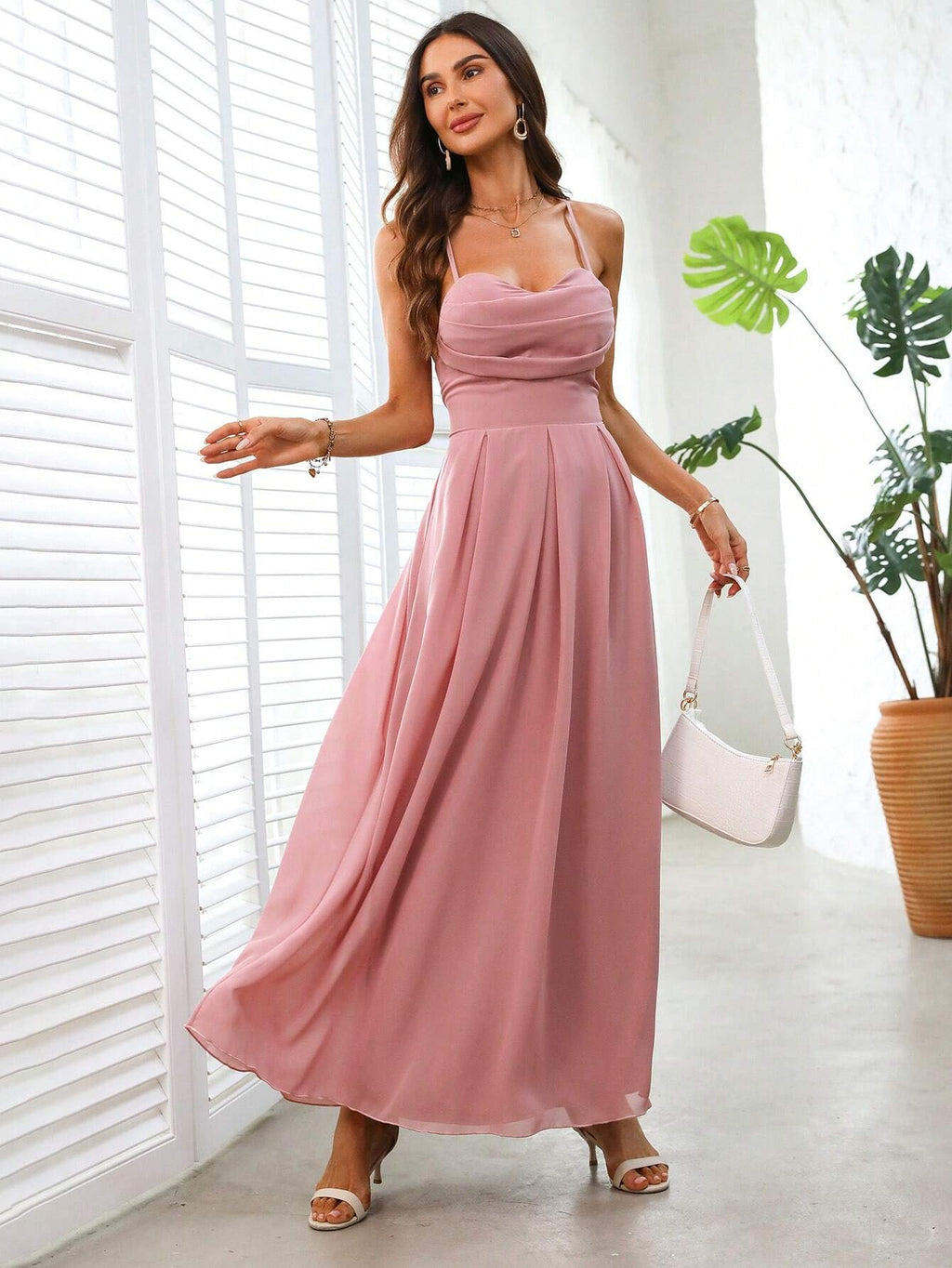 BAE Solid Color Pleated Crossed Tie Back Sleeveless Bridesmaid Dress With Waist Cinched Detail