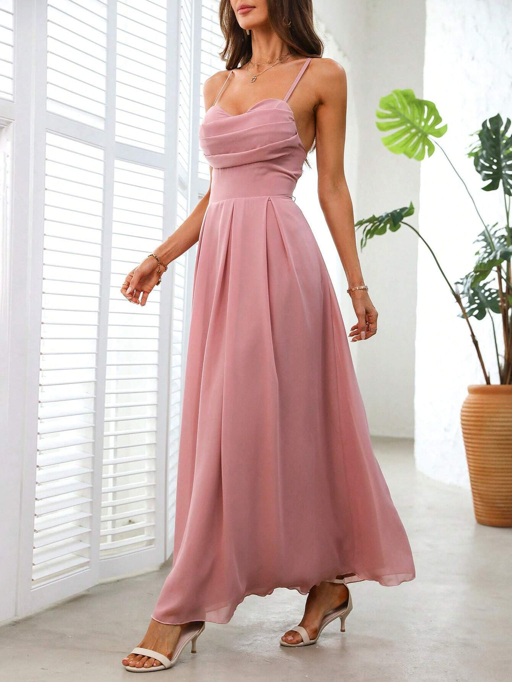 BAE Solid Color Pleated Crossed Tie Back Sleeveless Bridesmaid Dress With Waist Cinched Detail - image 3