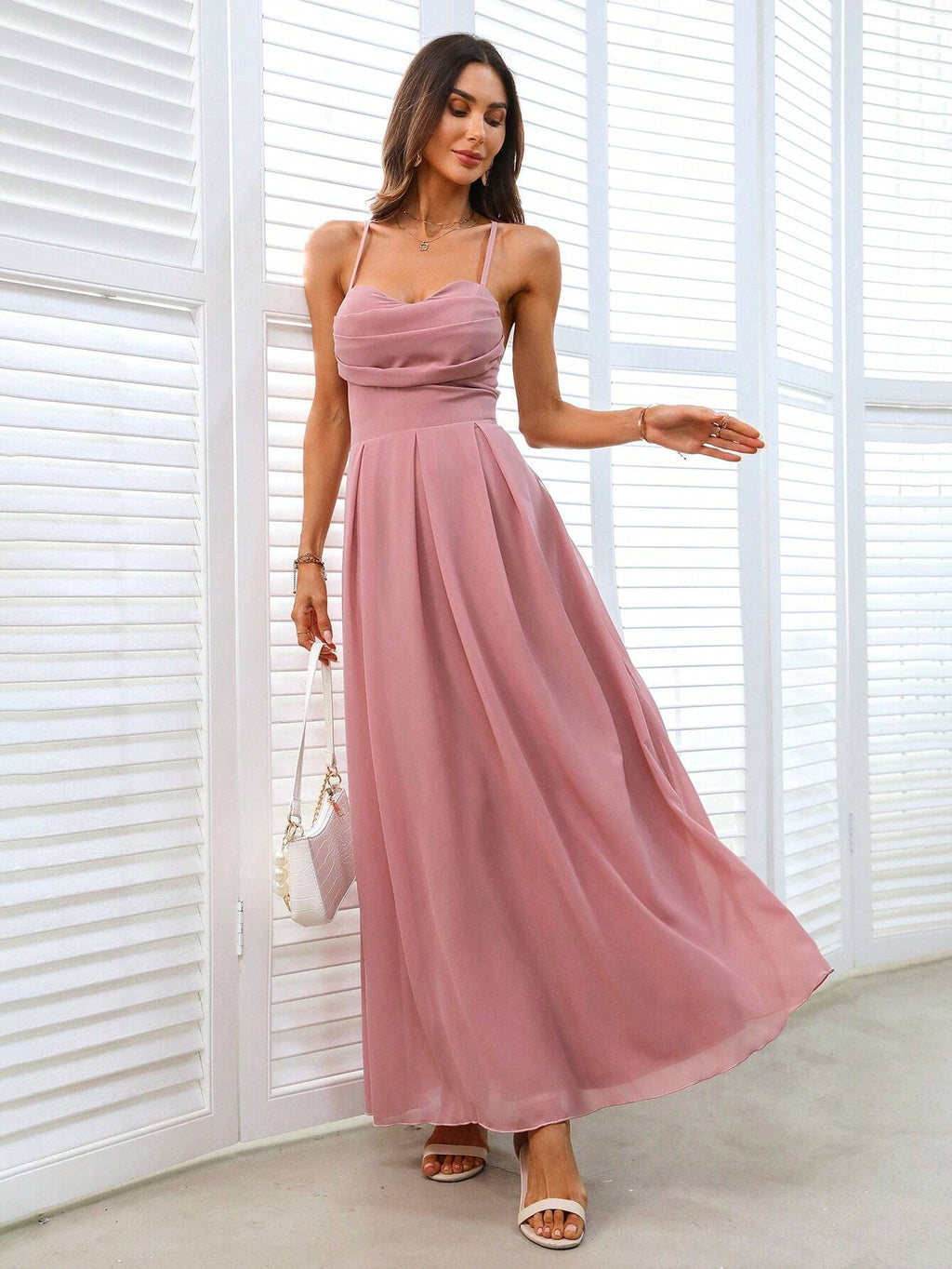 BAE Solid Color Pleated Crossed Tie Back Sleeveless Bridesmaid Dress With Waist Cinched Detail - image 5